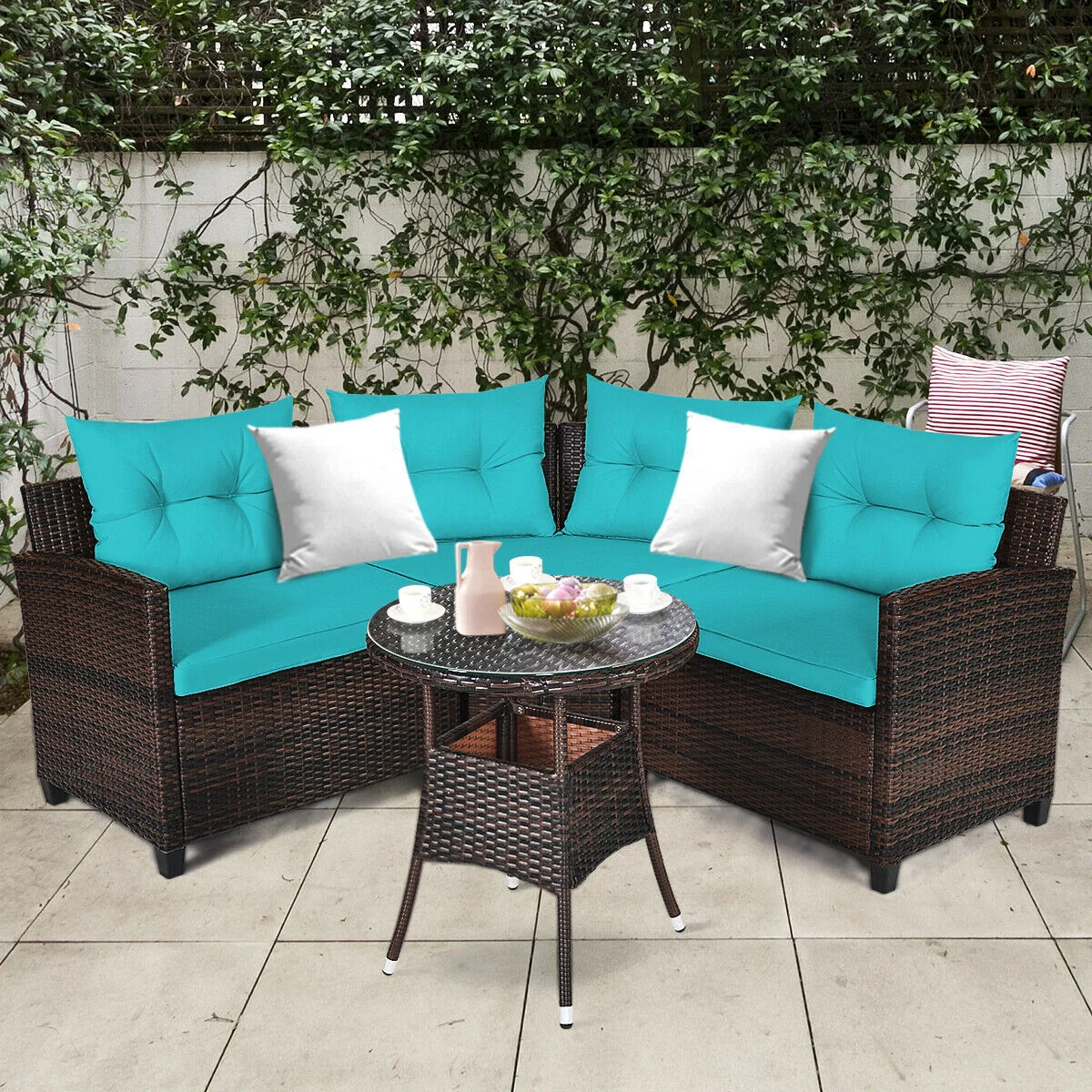 4Pcs Outdoor Rattan Furniture Set, Turquoise - Image 2