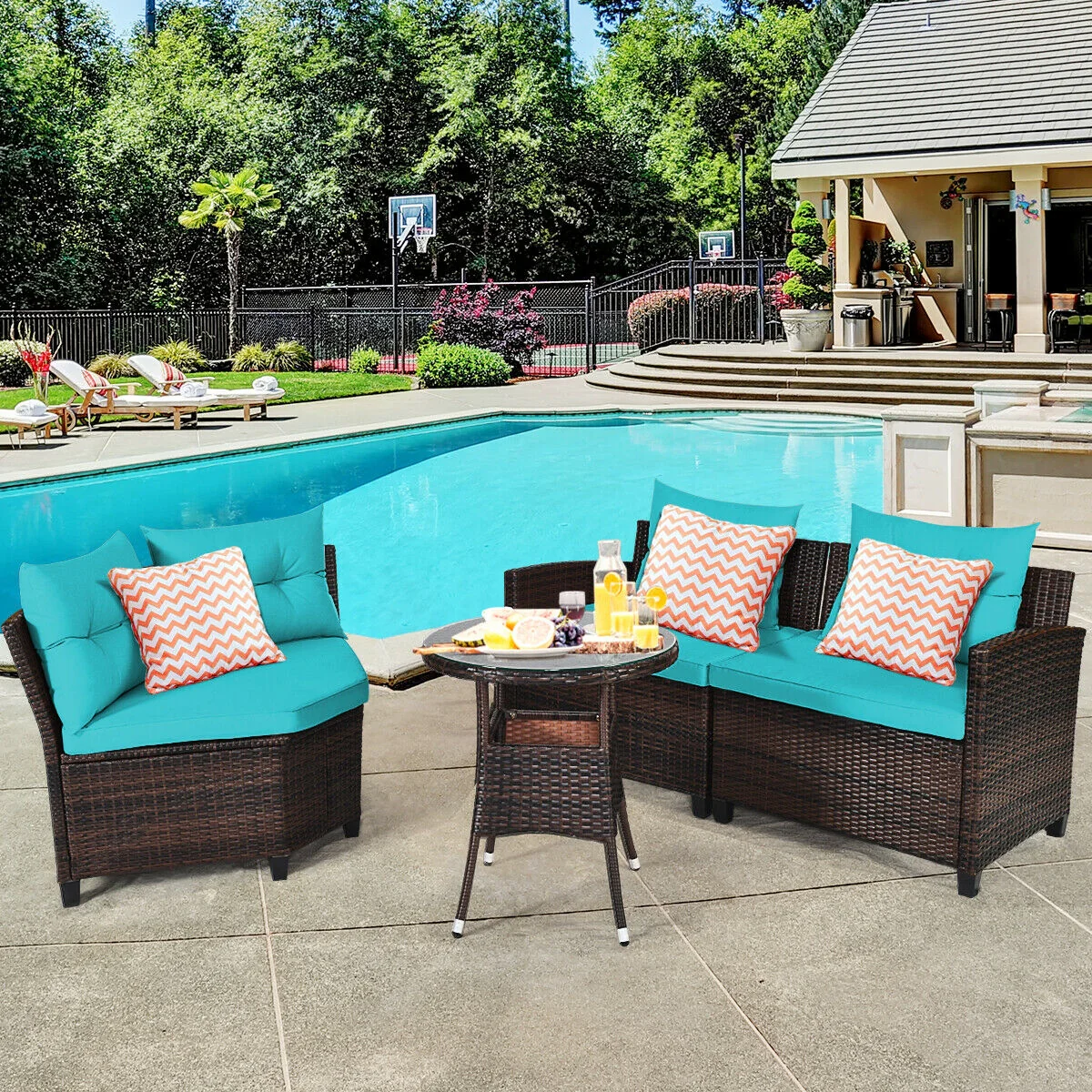 4Pcs Outdoor Rattan Furniture Set, Turquoise - Image 3