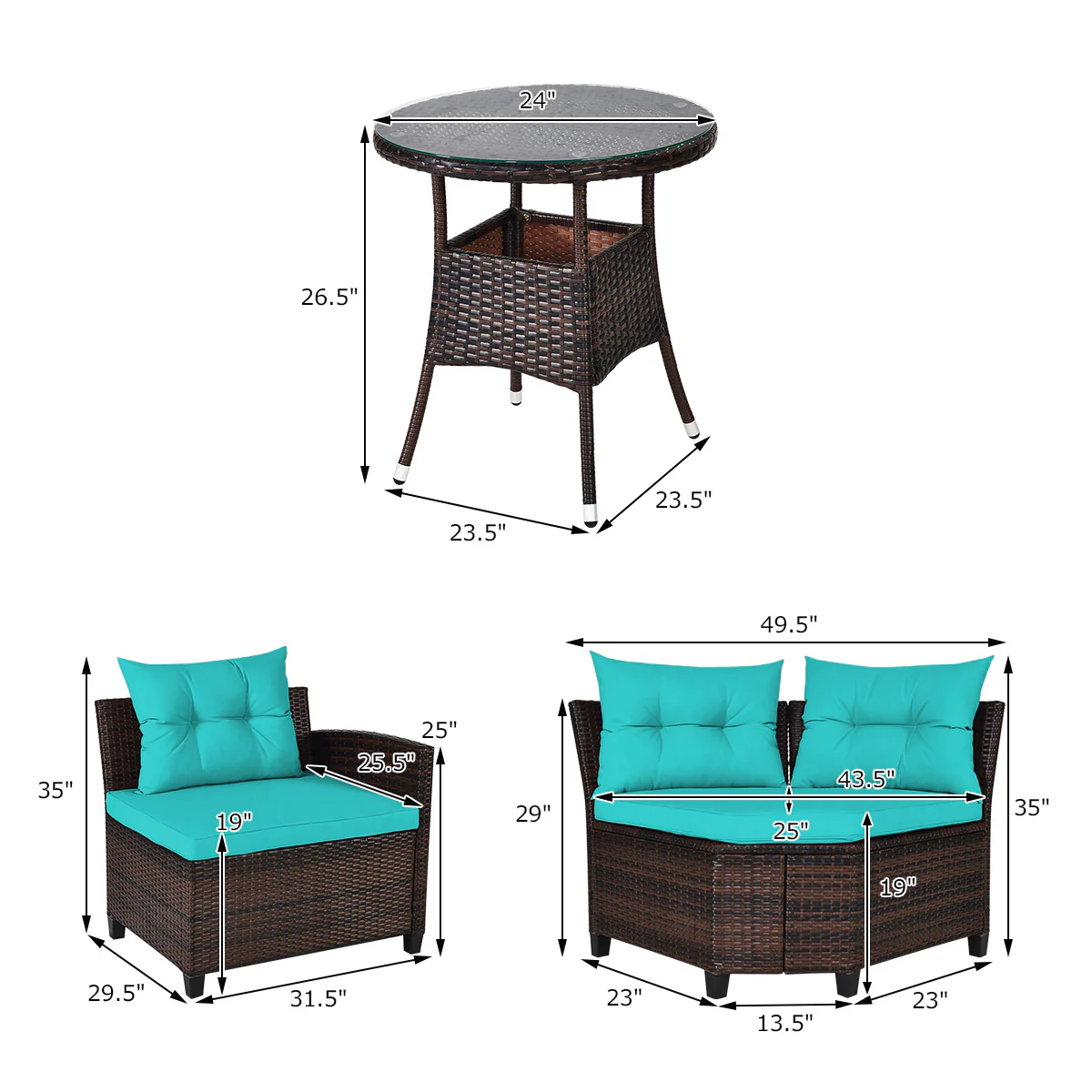 4Pcs Outdoor Rattan Furniture Set, Turquoise - Image 6