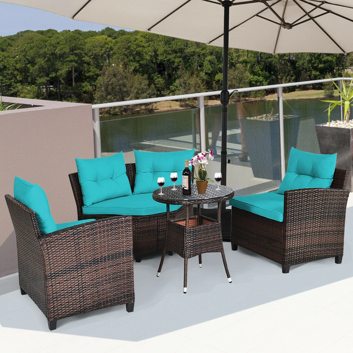 4Pcs Outdoor Rattan Furniture Set, Turquoise - Image 7