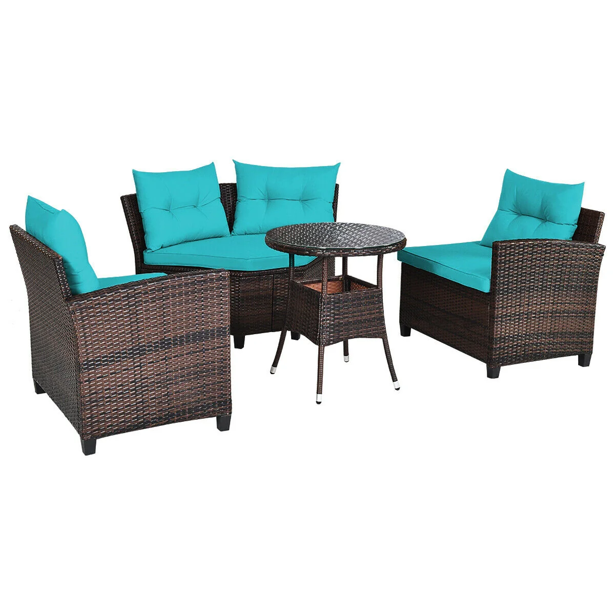 4Pcs Outdoor Rattan Furniture Set, Turquoise - Image 8