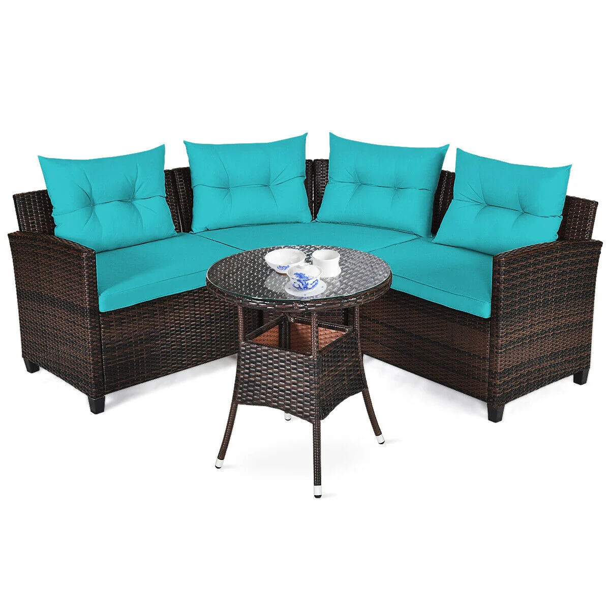 4Pcs Outdoor Rattan Furniture Set, Turquoise - Image 9
