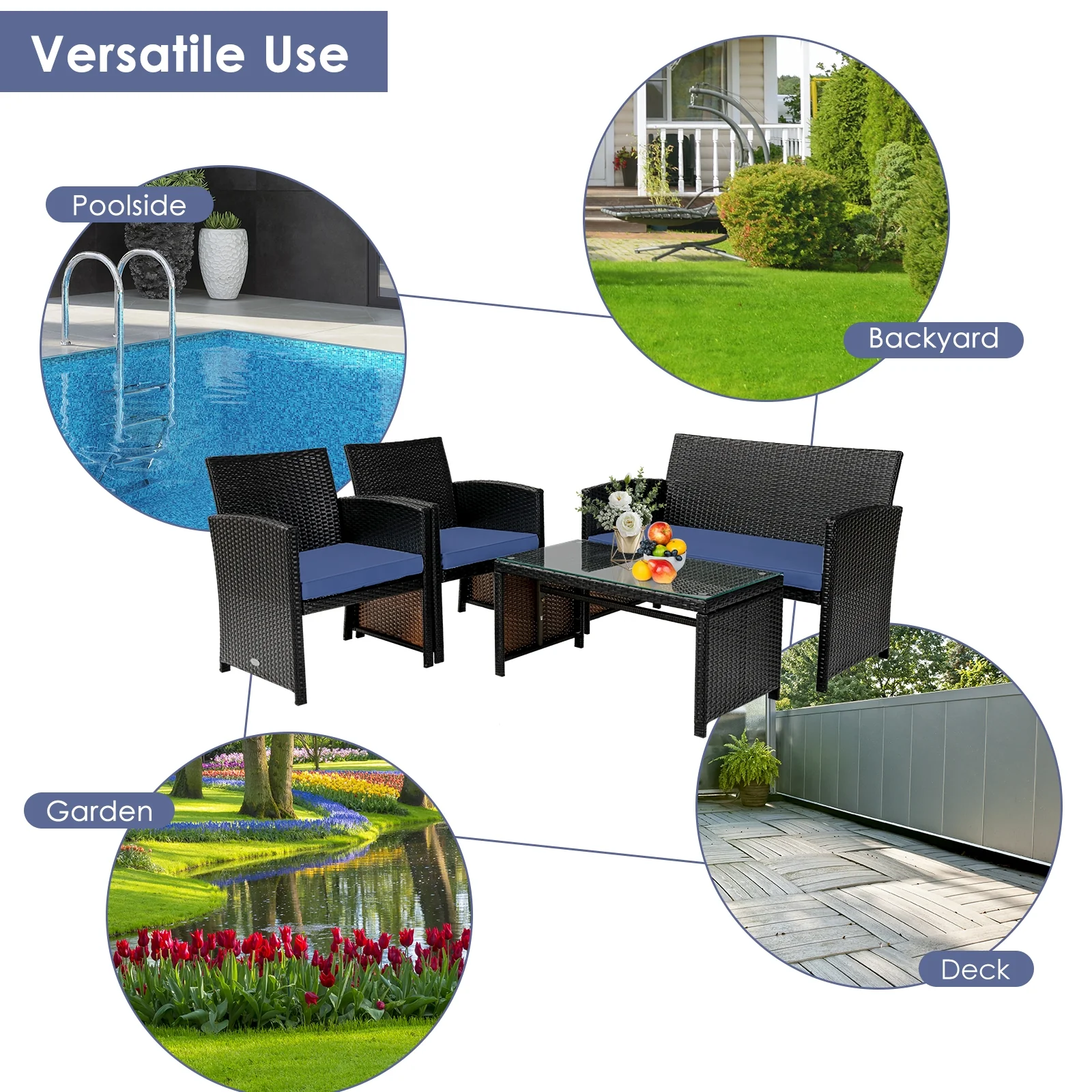 4Pcs Patio Rattan Cushioned Furniture Set, Navy - Image 10
