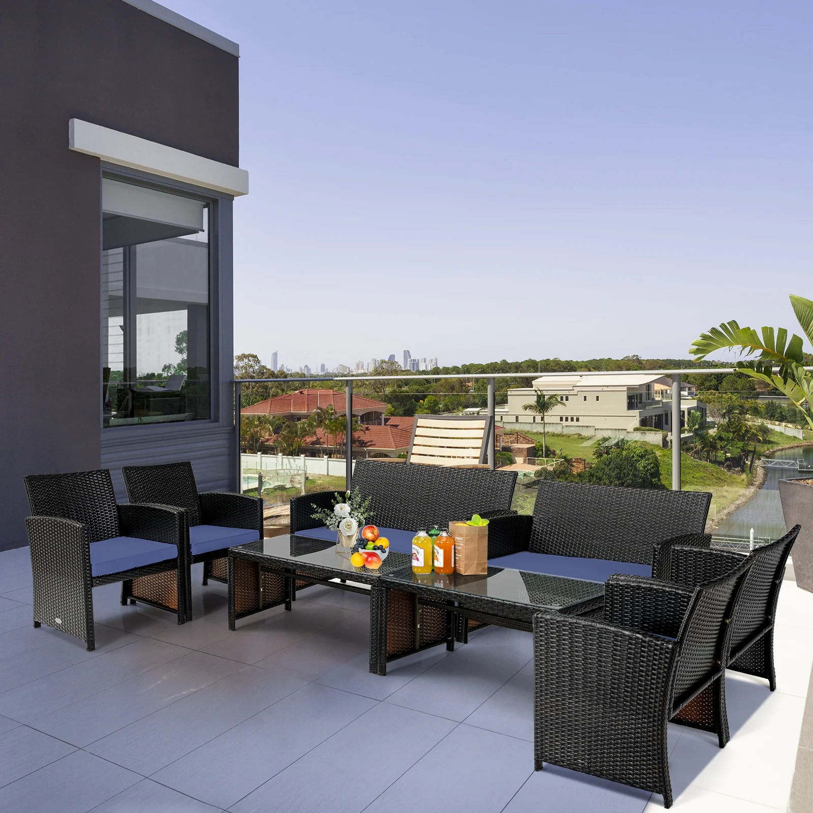 4Pcs Patio Rattan Cushioned Furniture Set, Navy - Image 2