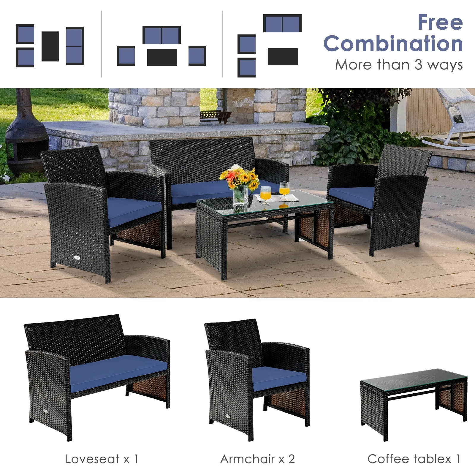 4Pcs Patio Rattan Cushioned Furniture Set, Navy - Image 3