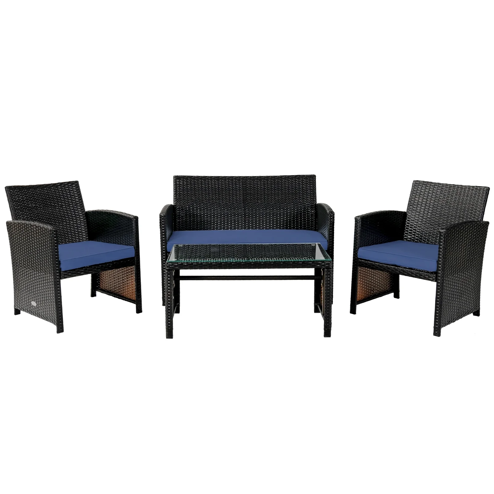 4Pcs Patio Rattan Cushioned Furniture Set, Navy - Image 4