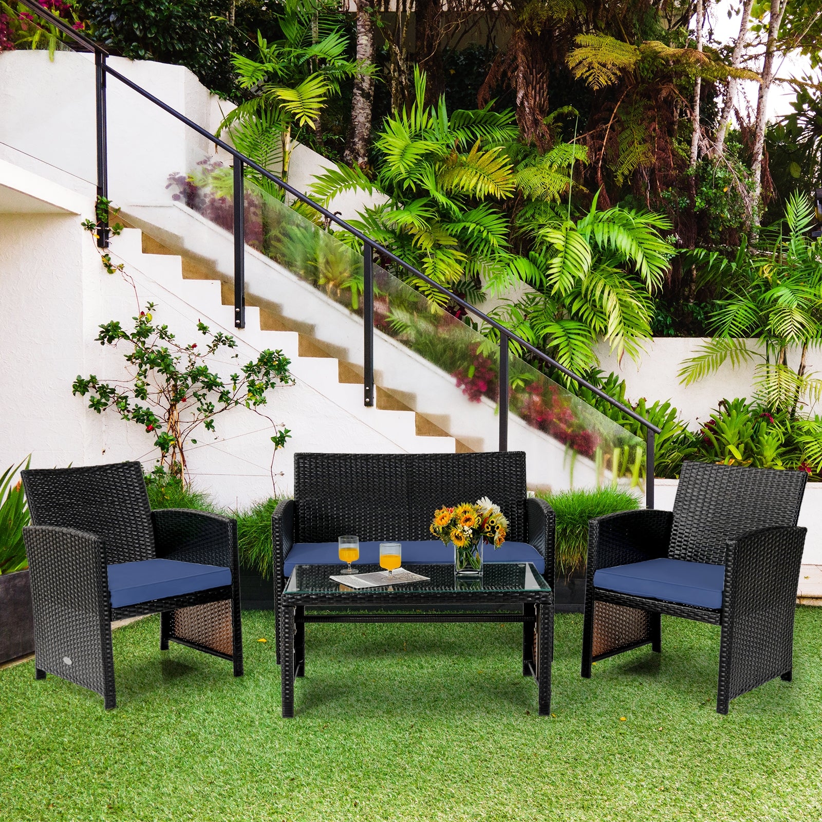 4Pcs Patio Rattan Cushioned Furniture Set, Navy - Image 7