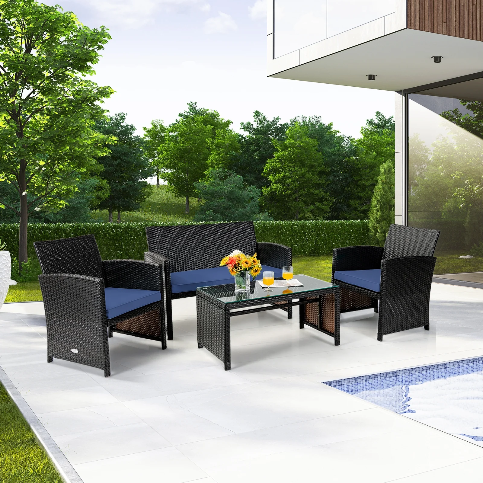 4Pcs Patio Rattan Cushioned Furniture Set, Navy - Image 8