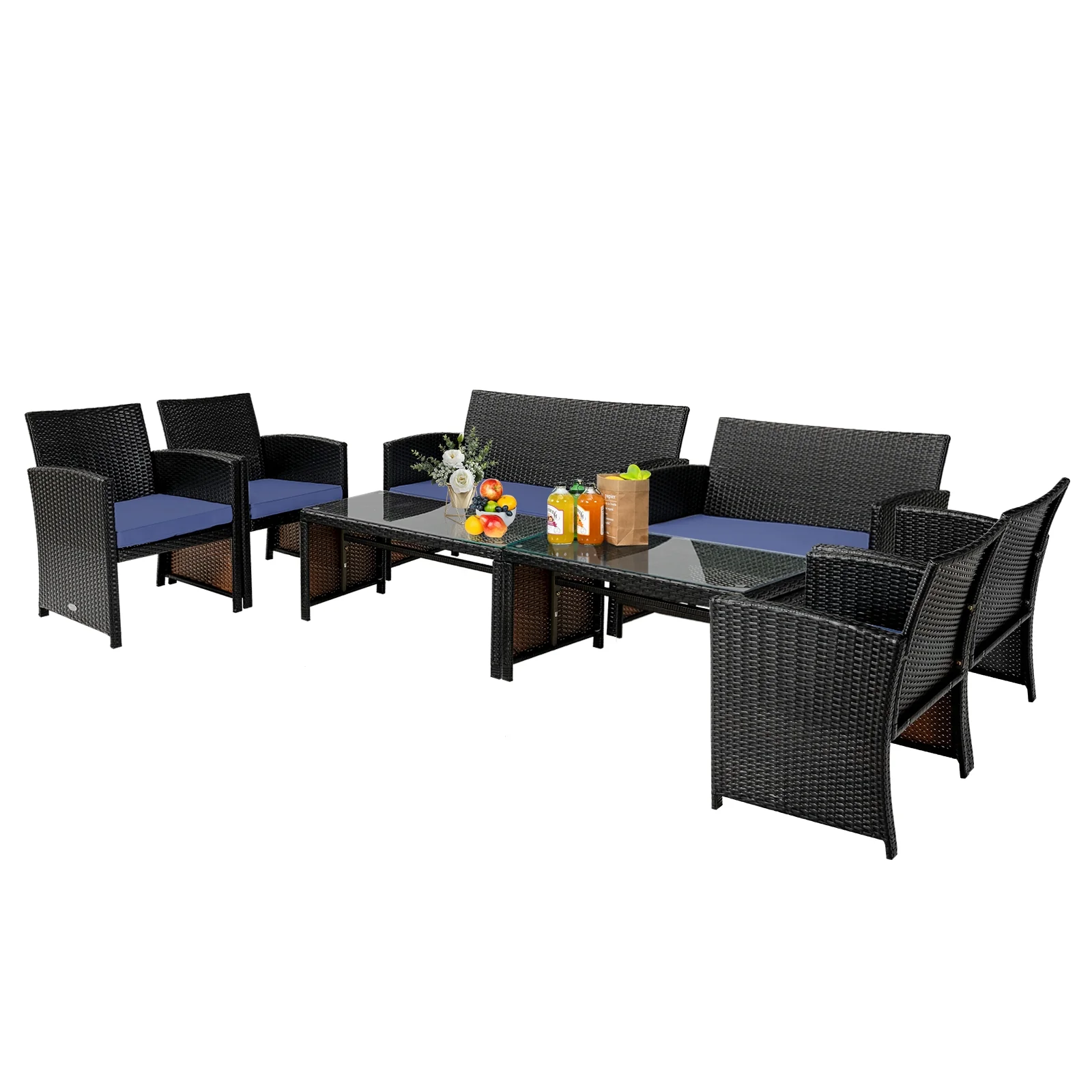 4Pcs Patio Rattan Cushioned Furniture Set, Navy - Image 9