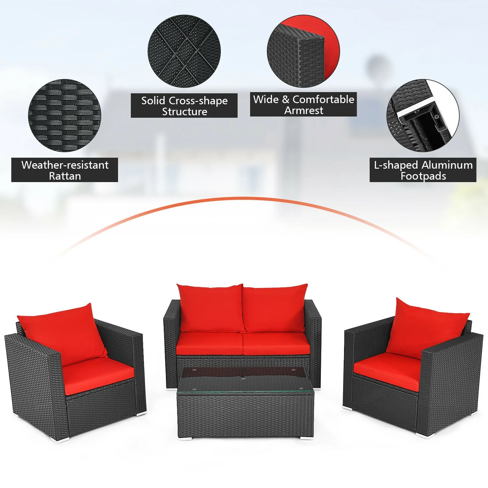 4Pcs Patio Rattan Cushioned Furniture Set, Red - Image 10