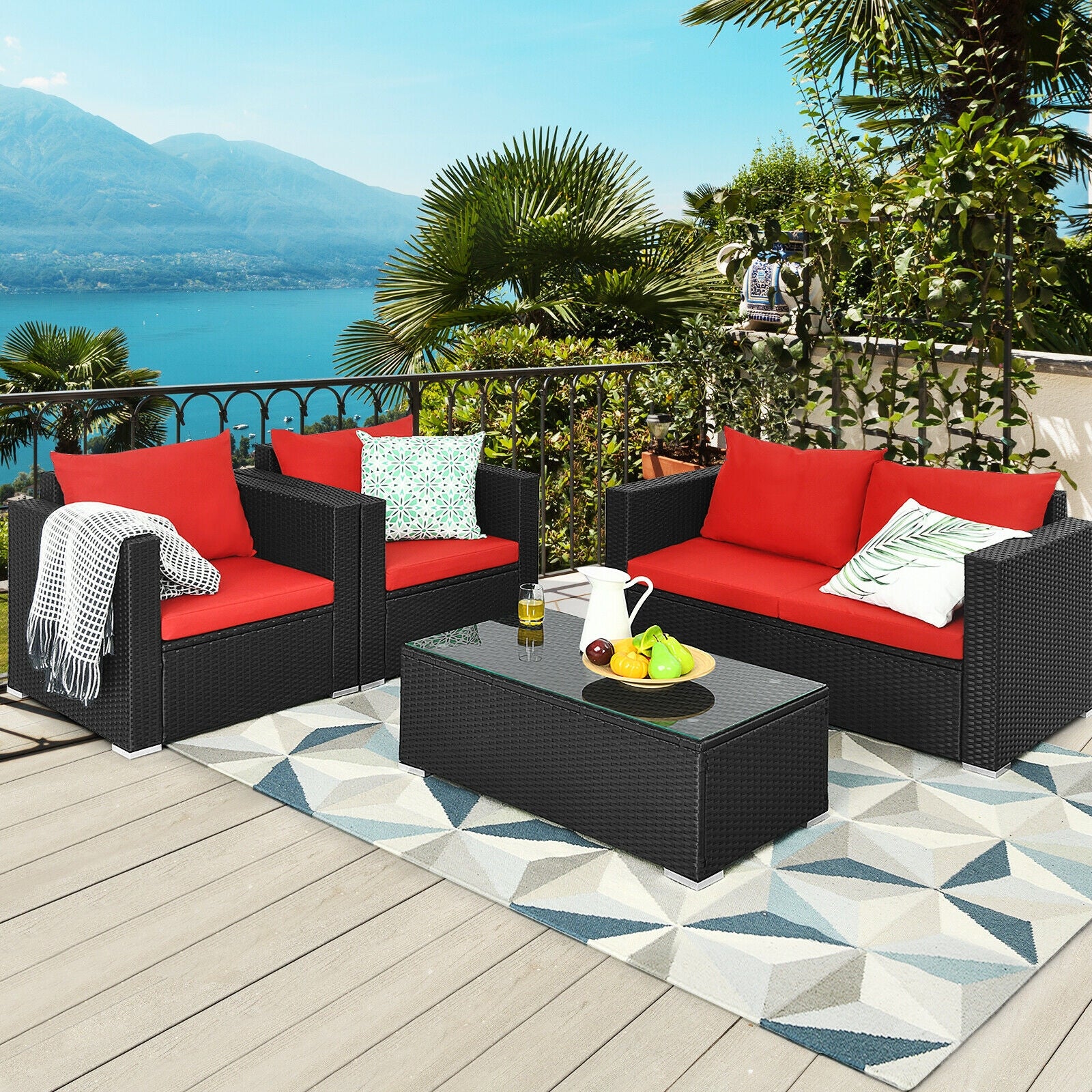 4Pcs Patio Rattan Cushioned Furniture Set, Red - Image 2