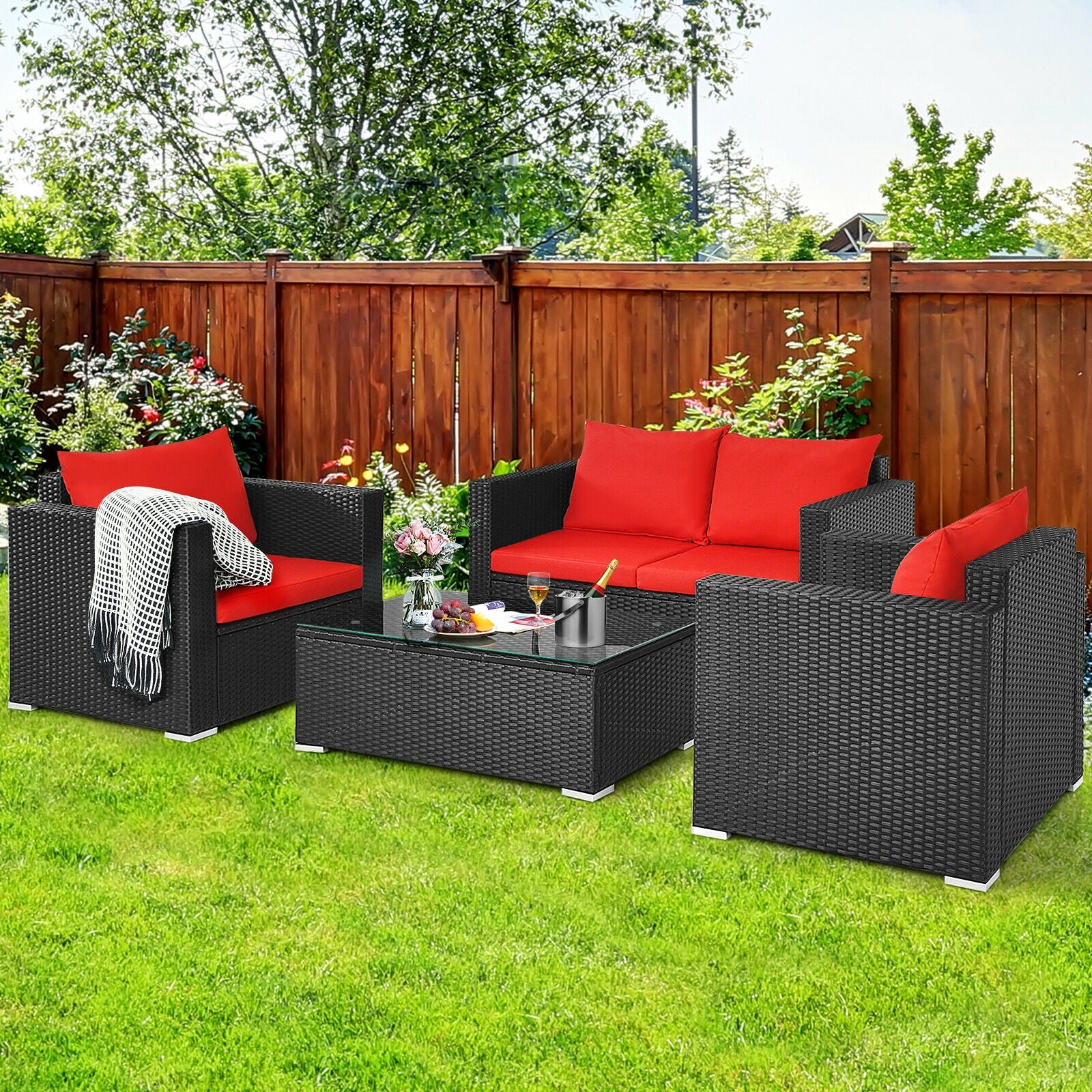 4Pcs Patio Rattan Cushioned Furniture Set, Red - Image 3