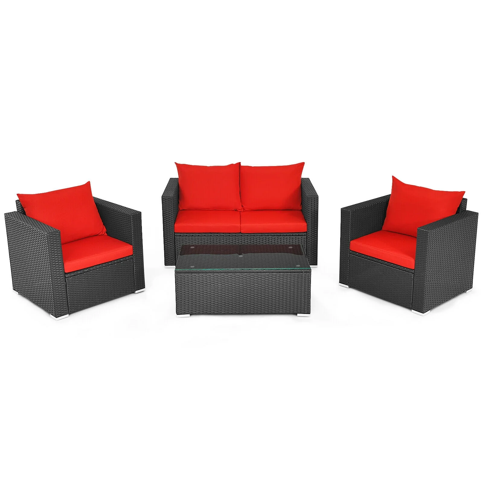 4Pcs Patio Rattan Cushioned Furniture Set, Red - Image 4