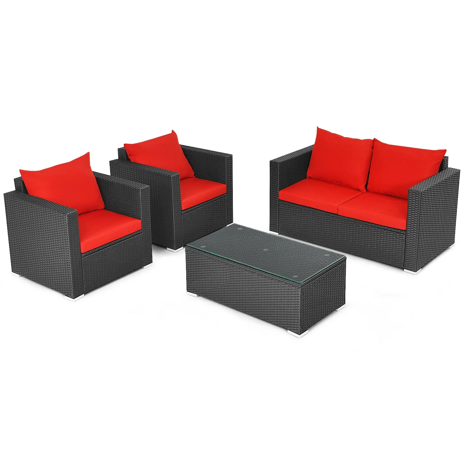4Pcs Patio Rattan Cushioned Furniture Set, Red - Image 5