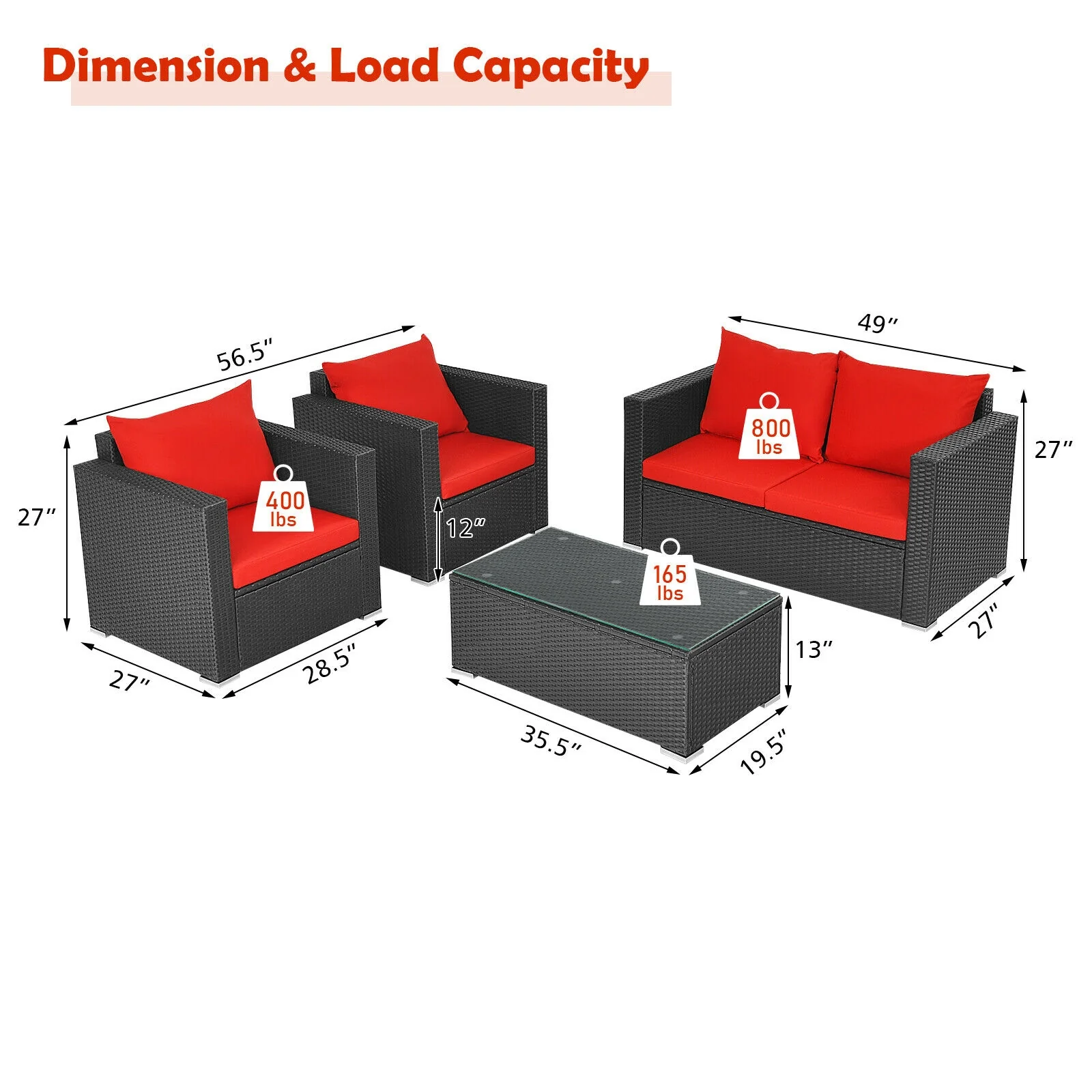 4Pcs Patio Rattan Cushioned Furniture Set, Red - Image 6
