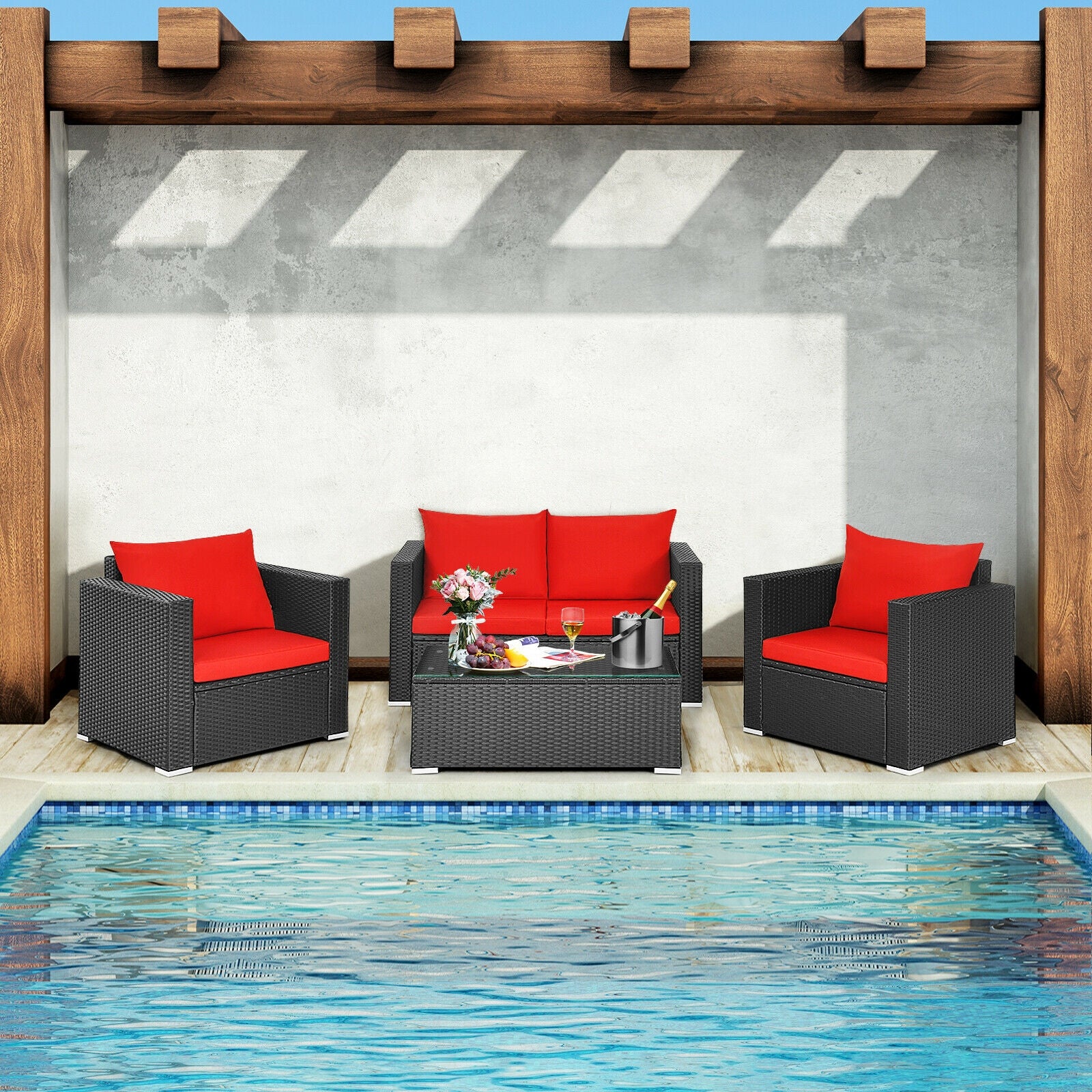 4Pcs Patio Rattan Cushioned Furniture Set, Red - Image 7