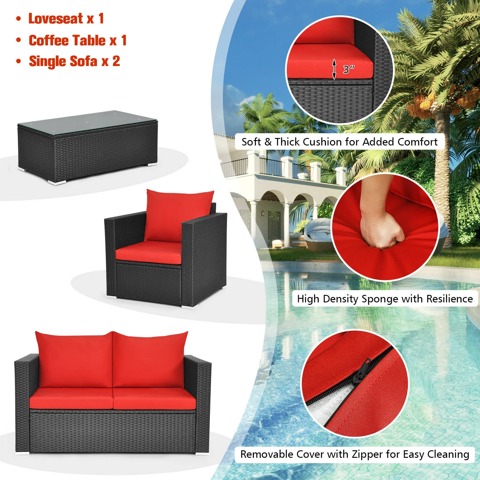 4Pcs Patio Rattan Cushioned Furniture Set, Red - Image 8