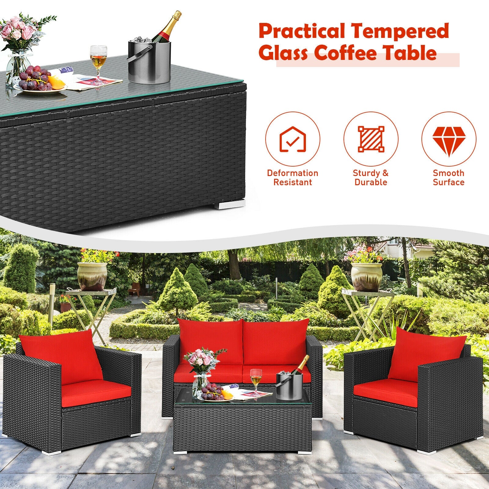 4Pcs Patio Rattan Cushioned Furniture Set, Red - Image 9