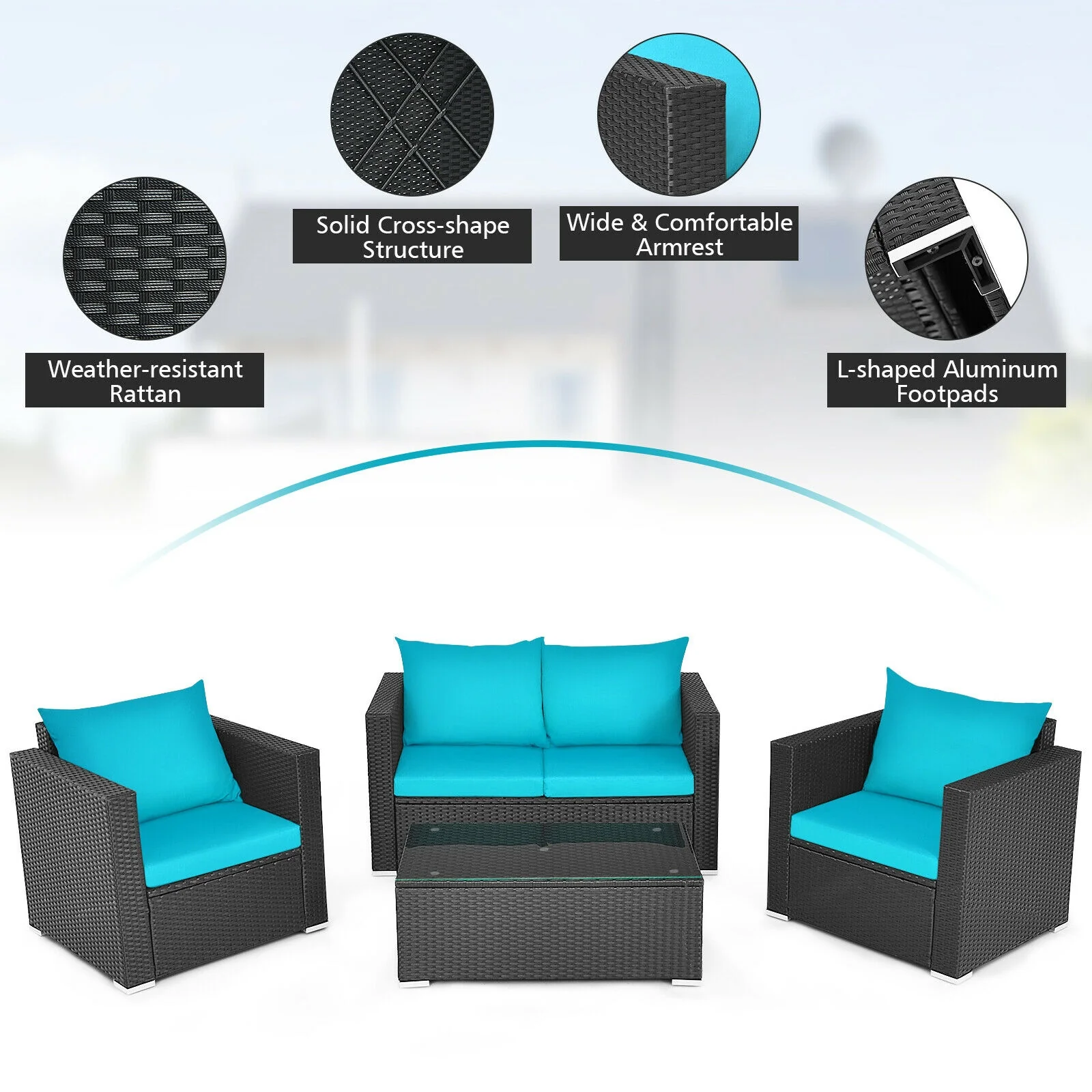 4Pcs Patio Rattan Cushioned Furniture Set, Turquoise - Image 10