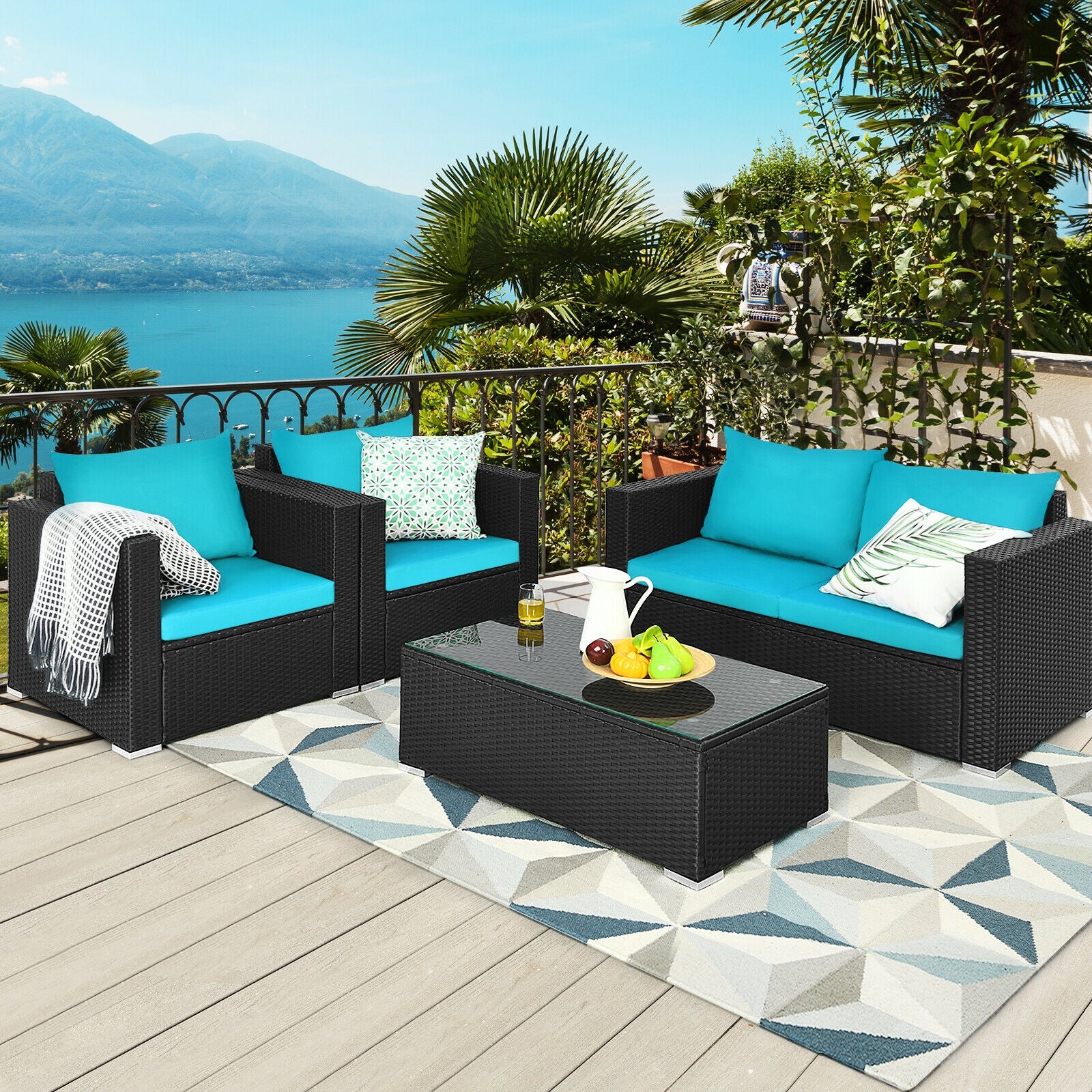 4Pcs Patio Rattan Cushioned Furniture Set, Turquoise - Image 2