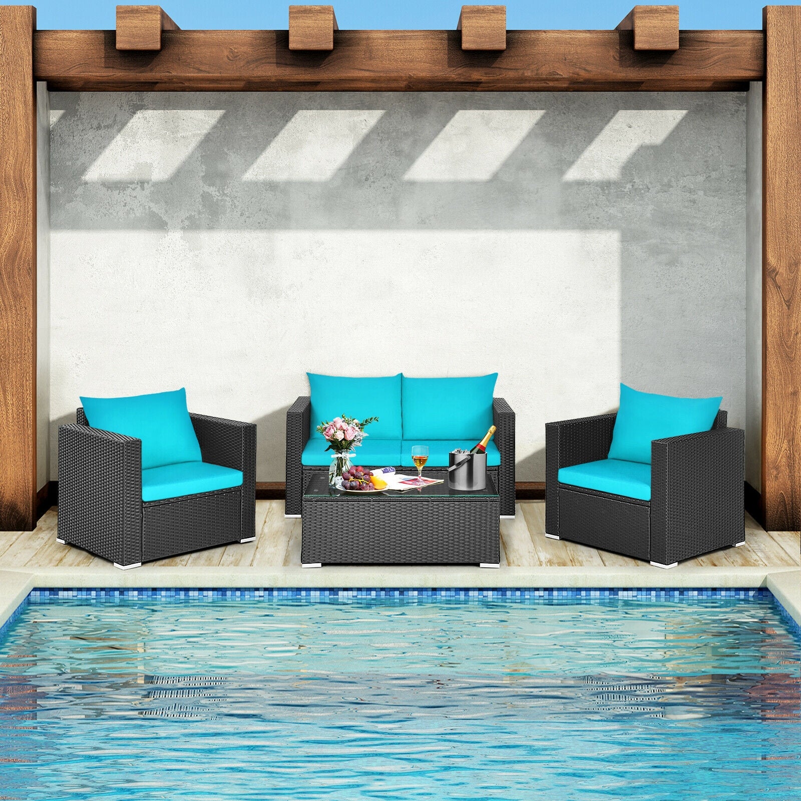 4Pcs Patio Rattan Cushioned Furniture Set, Turquoise - Image 3