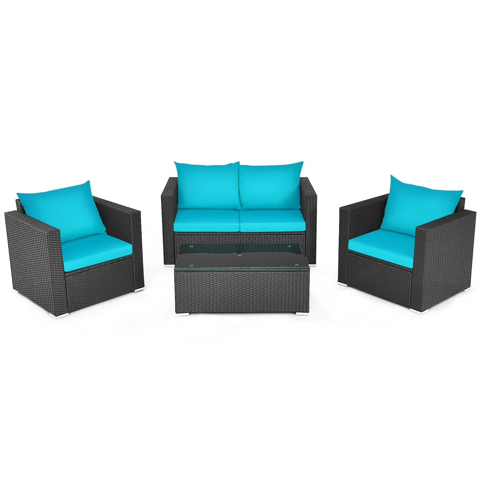 4Pcs Patio Rattan Cushioned Furniture Set, Turquoise - Image 4
