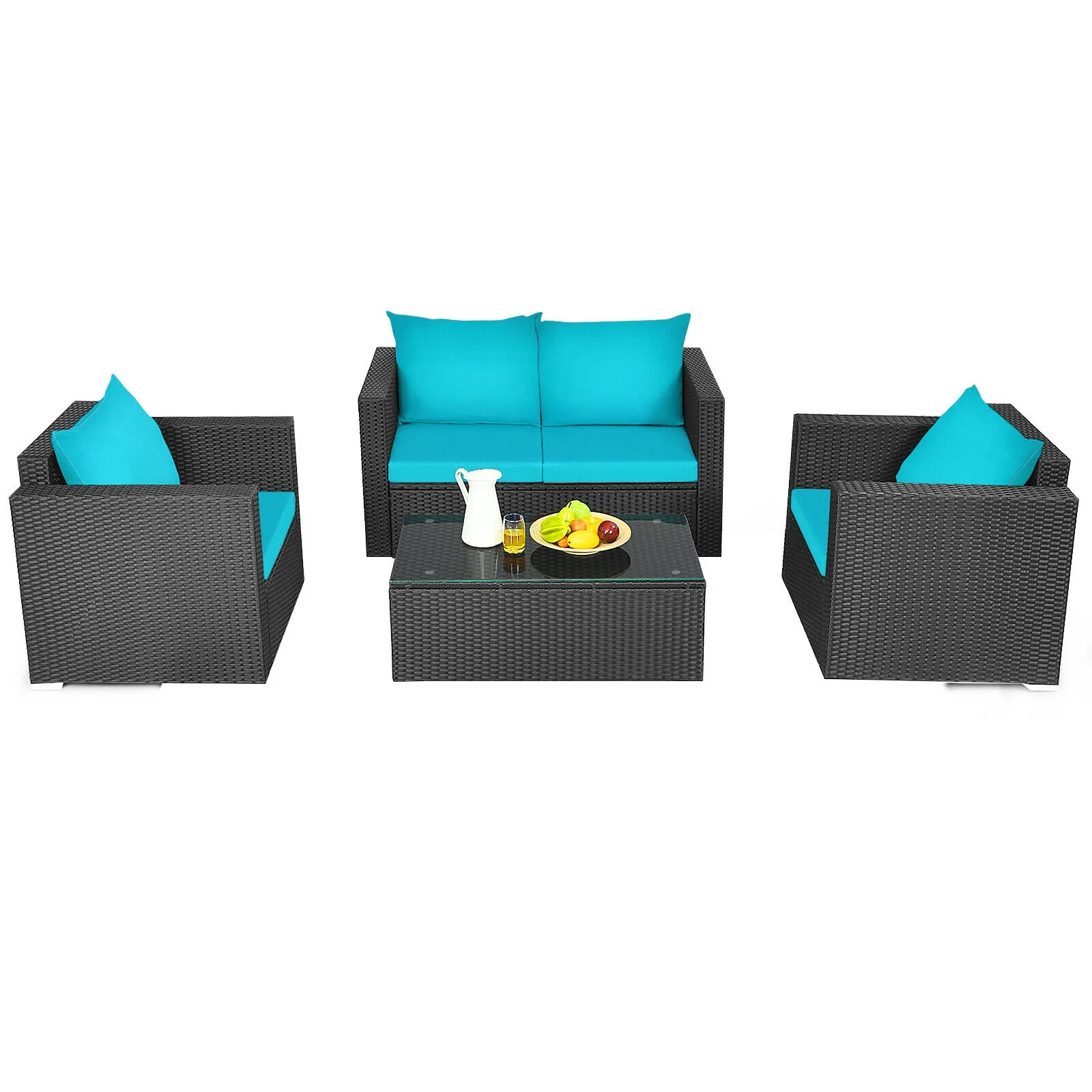 4Pcs Patio Rattan Cushioned Furniture Set, Turquoise - Image 5