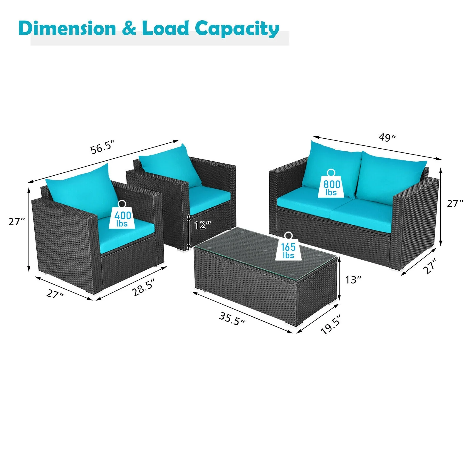 4Pcs Patio Rattan Cushioned Furniture Set, Turquoise - Image 6