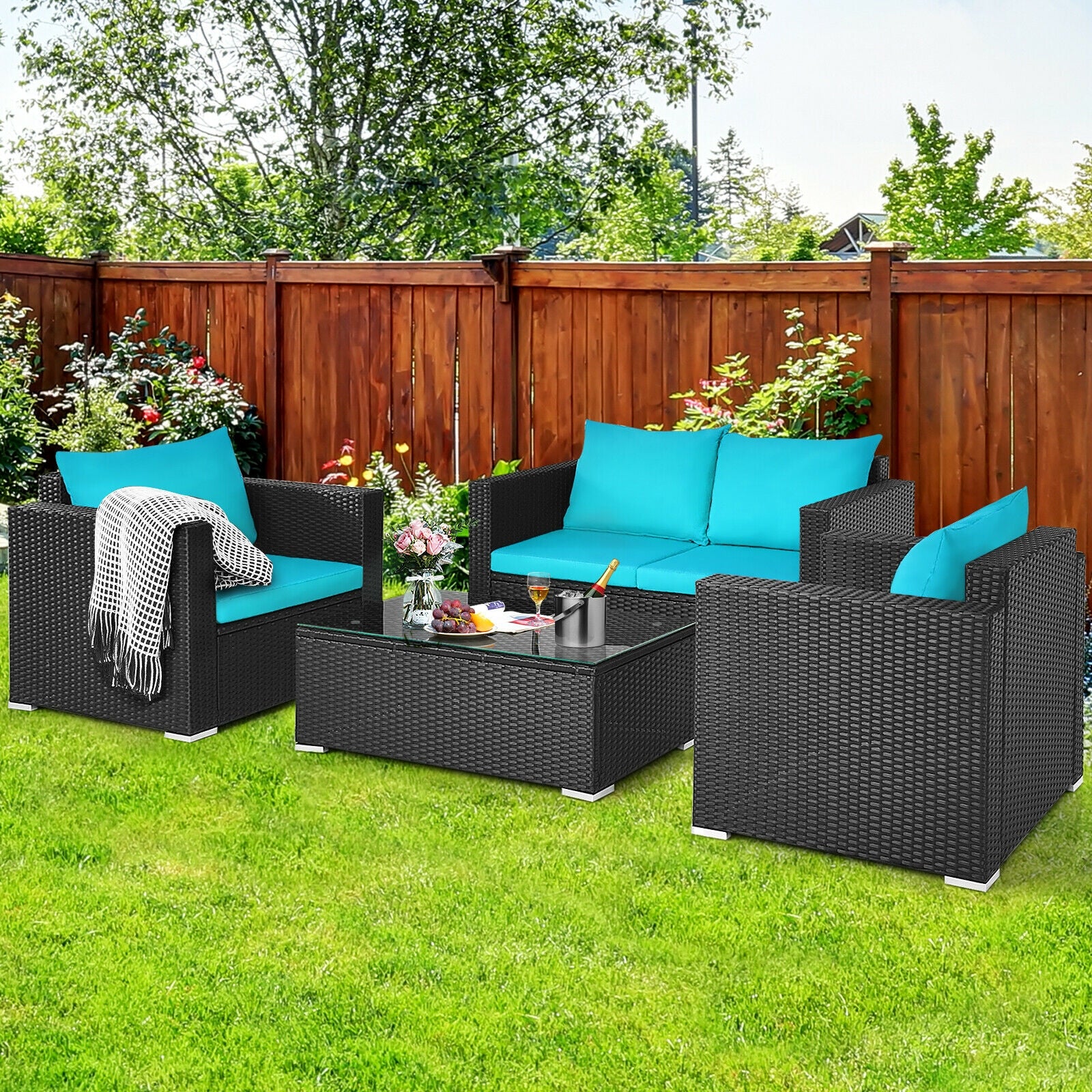 4Pcs Patio Rattan Cushioned Furniture Set, Turquoise - Image 7