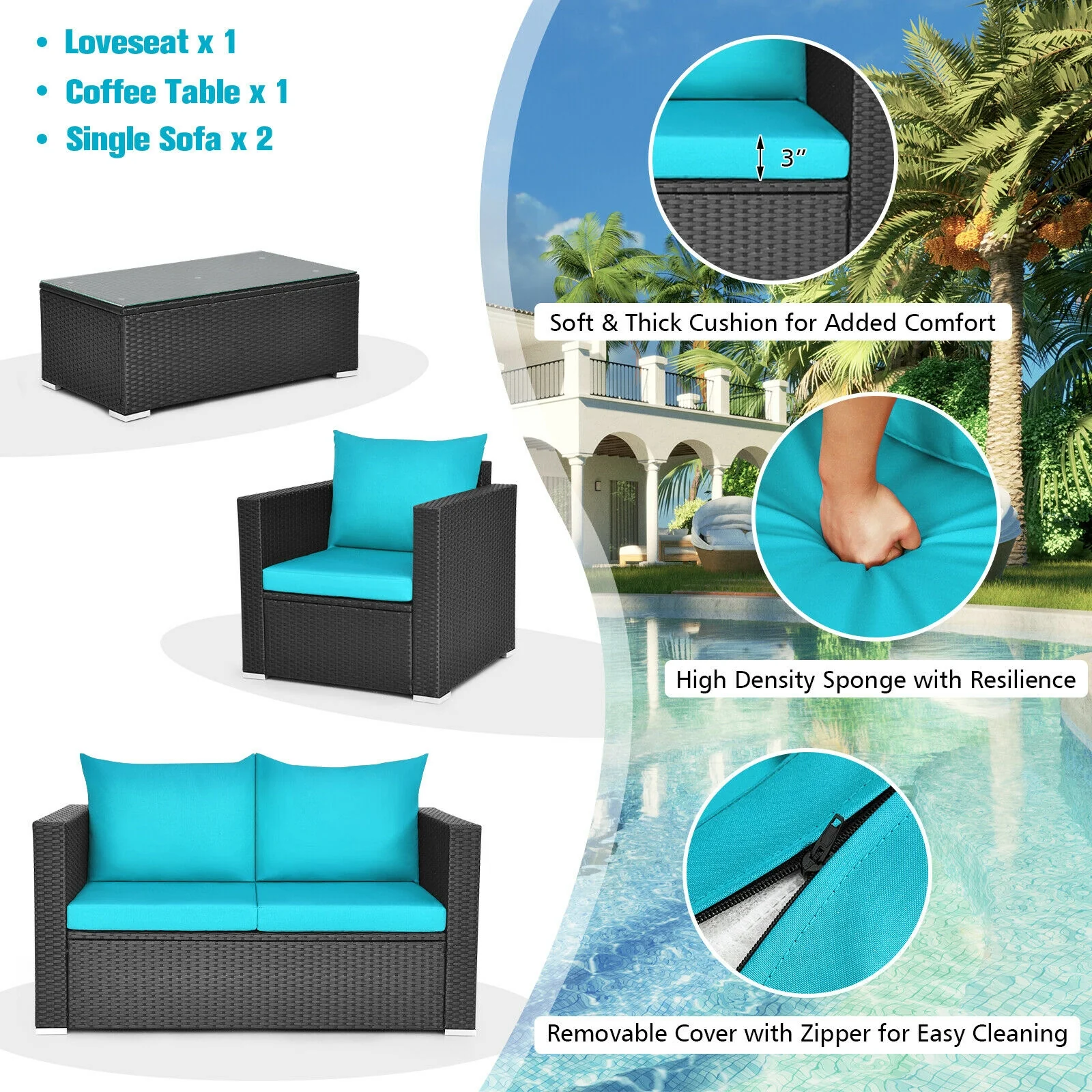 4Pcs Patio Rattan Cushioned Furniture Set, Turquoise - Image 8