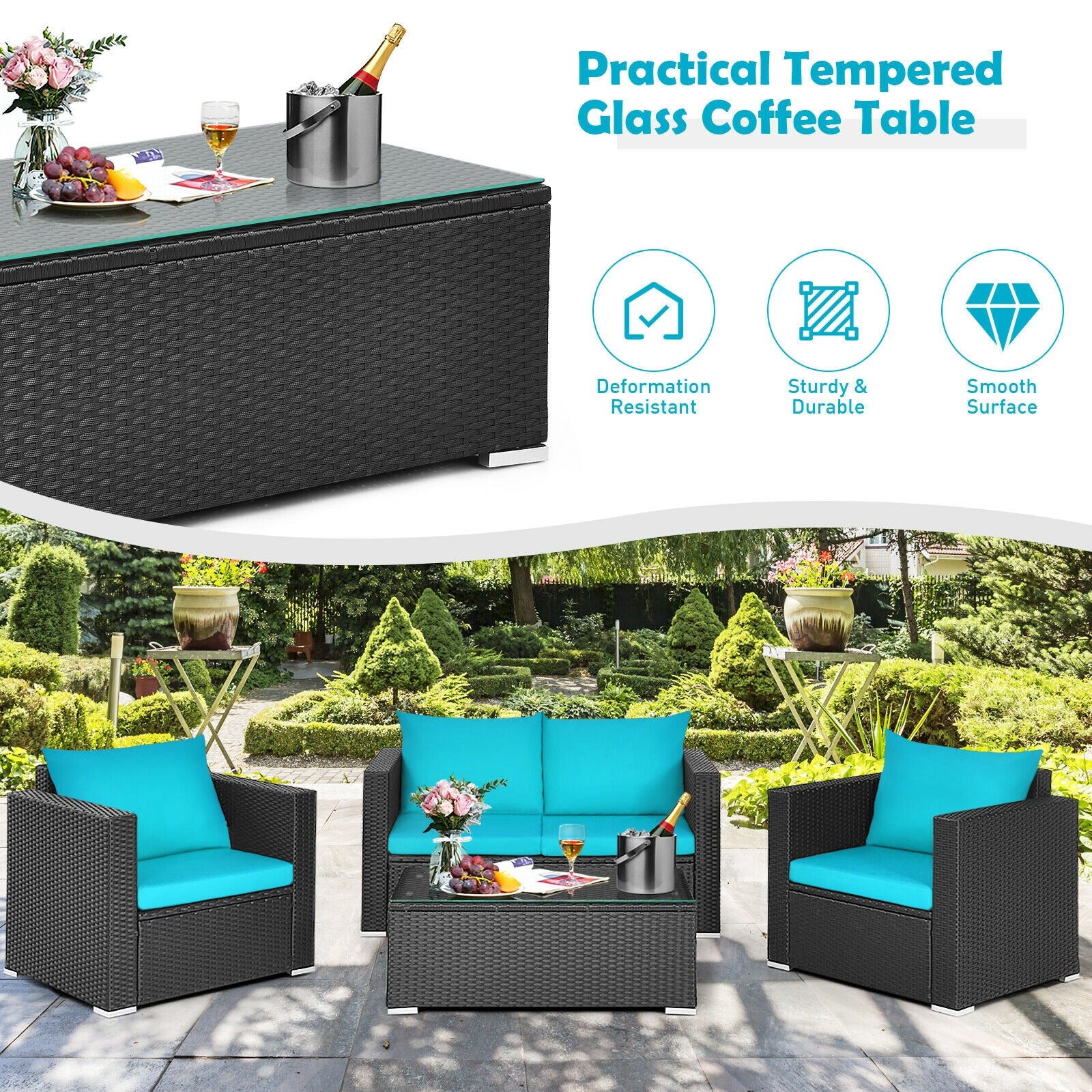 4Pcs Patio Rattan Cushioned Furniture Set, Turquoise - Image 9