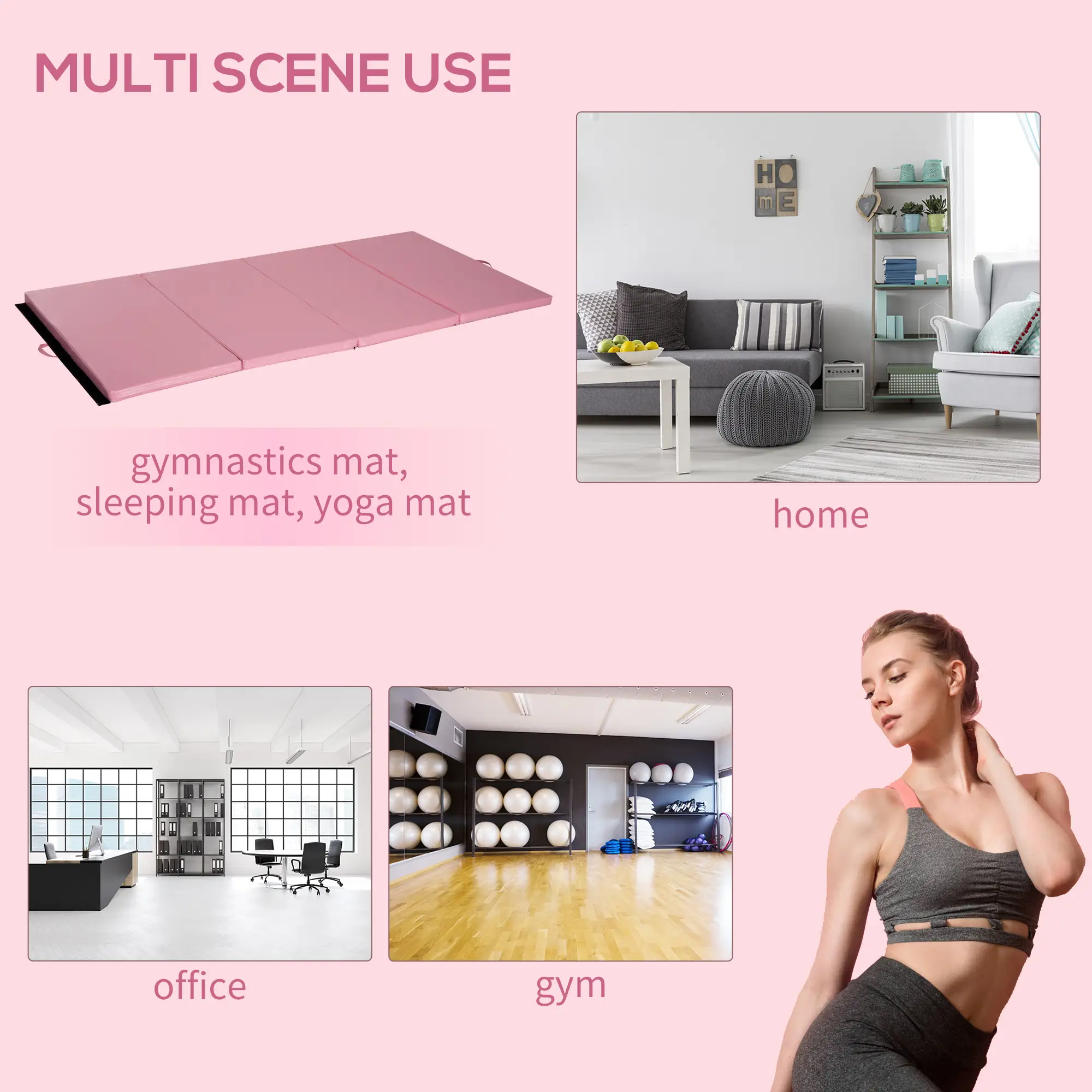 4'x8'x2" Folding Gymnastics Mat, Exercise Mat with Handles, Pink - Image 4