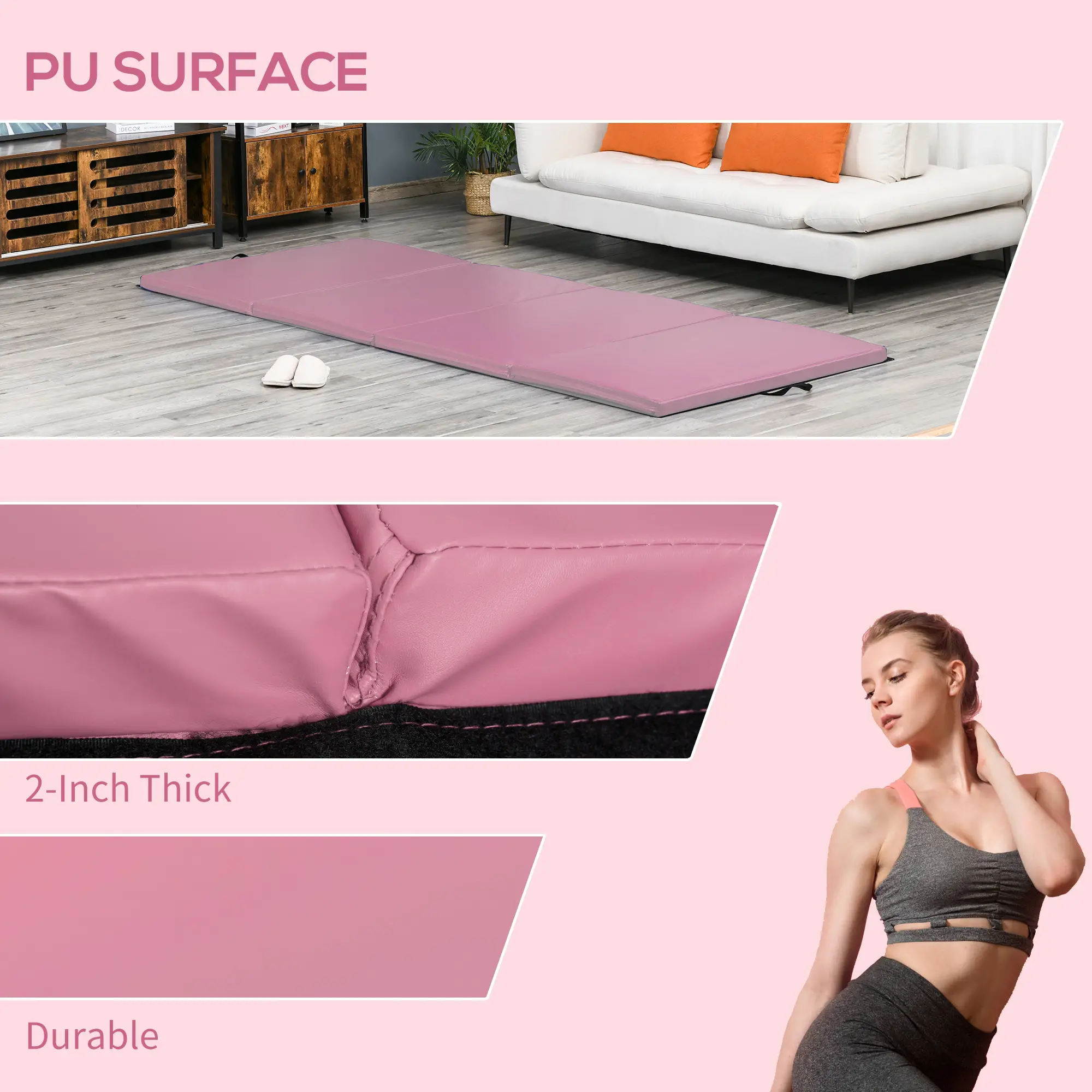 4'x8'x2" Folding Gymnastics Mat, Exercise Mat with Handles, Pink - Image 5