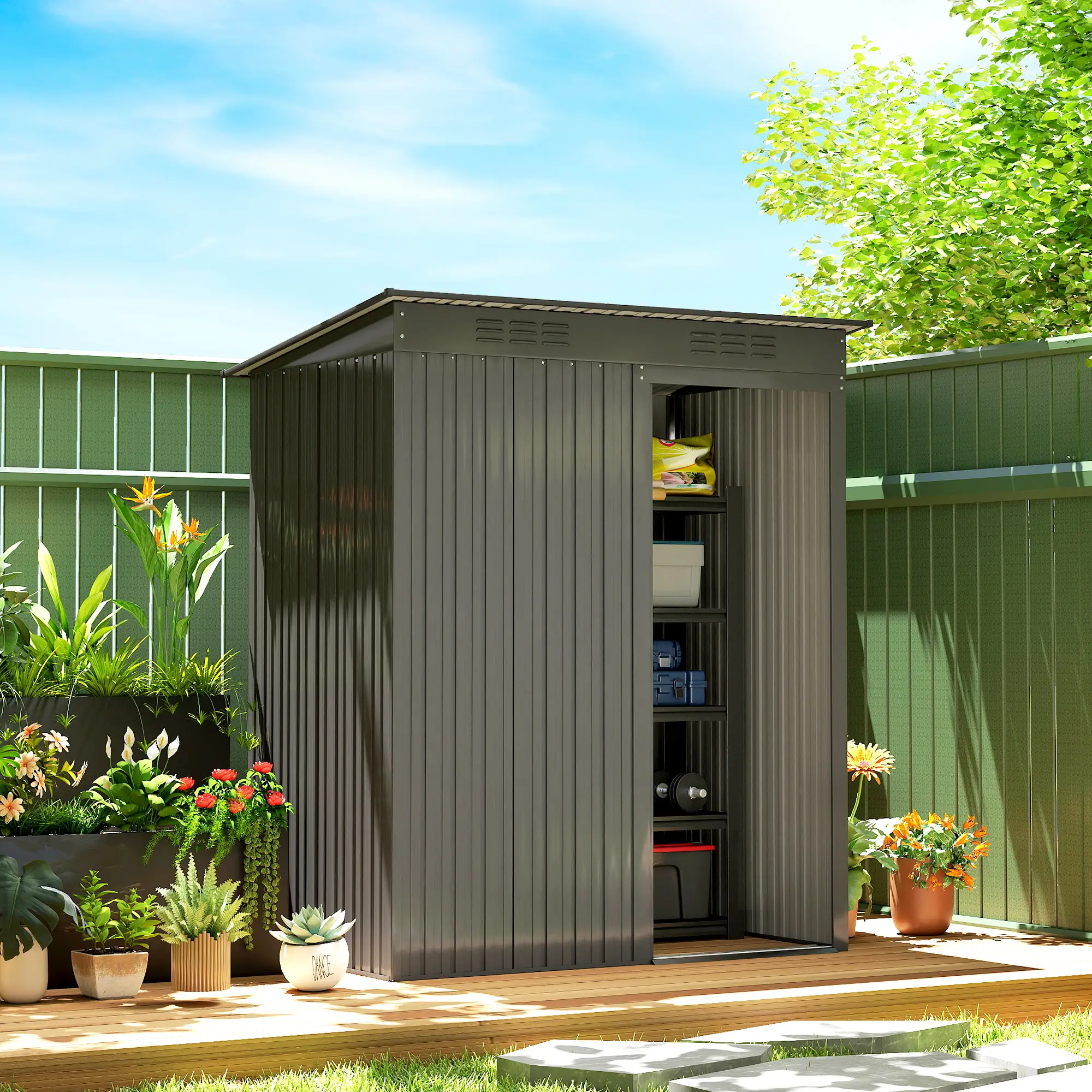 5.2' x 3.5' Metal Garden Shed, Easy Assembly Outdoor Storage, Dark Grey - Image 8