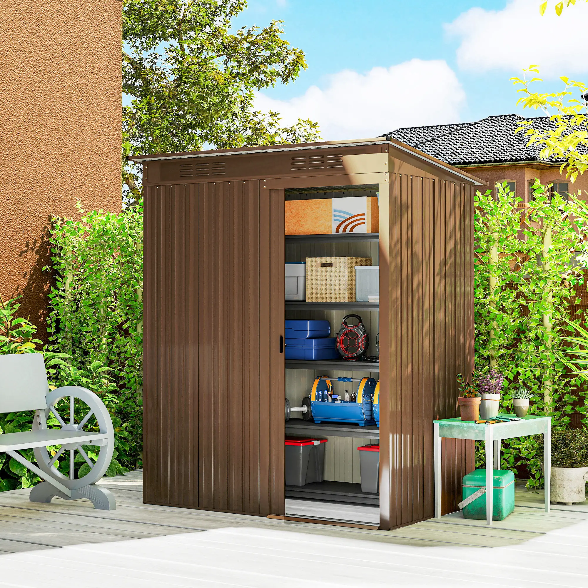 5.2' x 3.5' Metal Garden Shed, Easy Assembly, Light Brown - Image 2