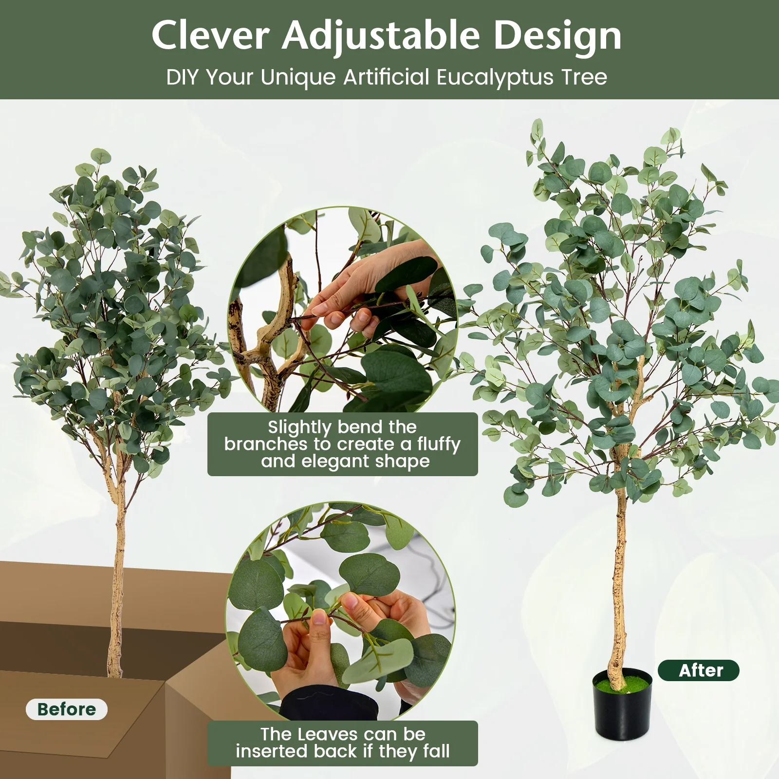 5.5 Feet Artificial Eucalyptus Tree, 517 Silver Dollar Leaves, 2 Piece - Image 7