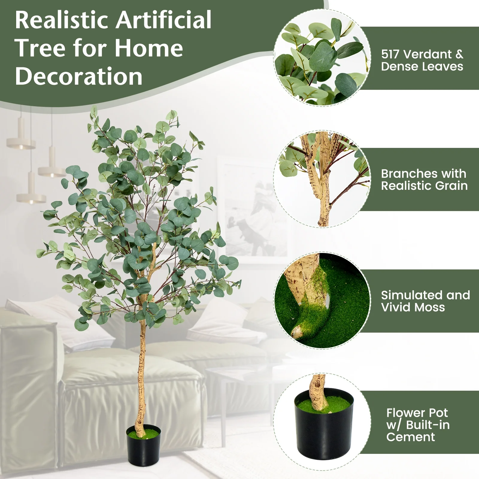 5.5 Feet Artificial Eucalyptus Tree, 517 Silver Dollar Leaves, 2 Piece - Image 8