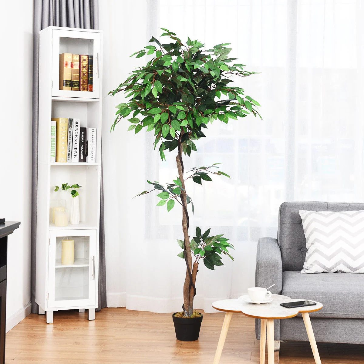 5.5 Feet Artificial Ficus Silk Tree, Wood Trunks, Green - Image 3