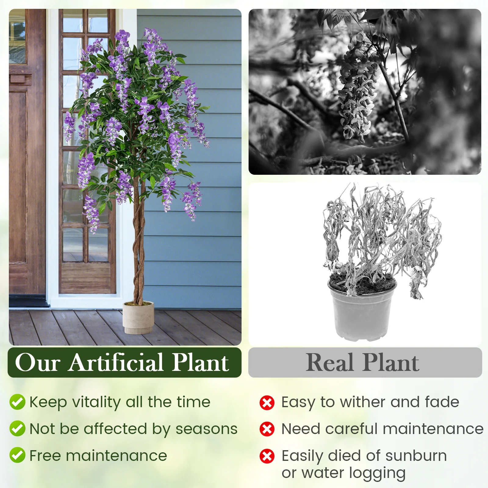 5.5 FT Faux Wisteria Plant, Blooming Flowers, Nursery Pot, Purple - Image 10