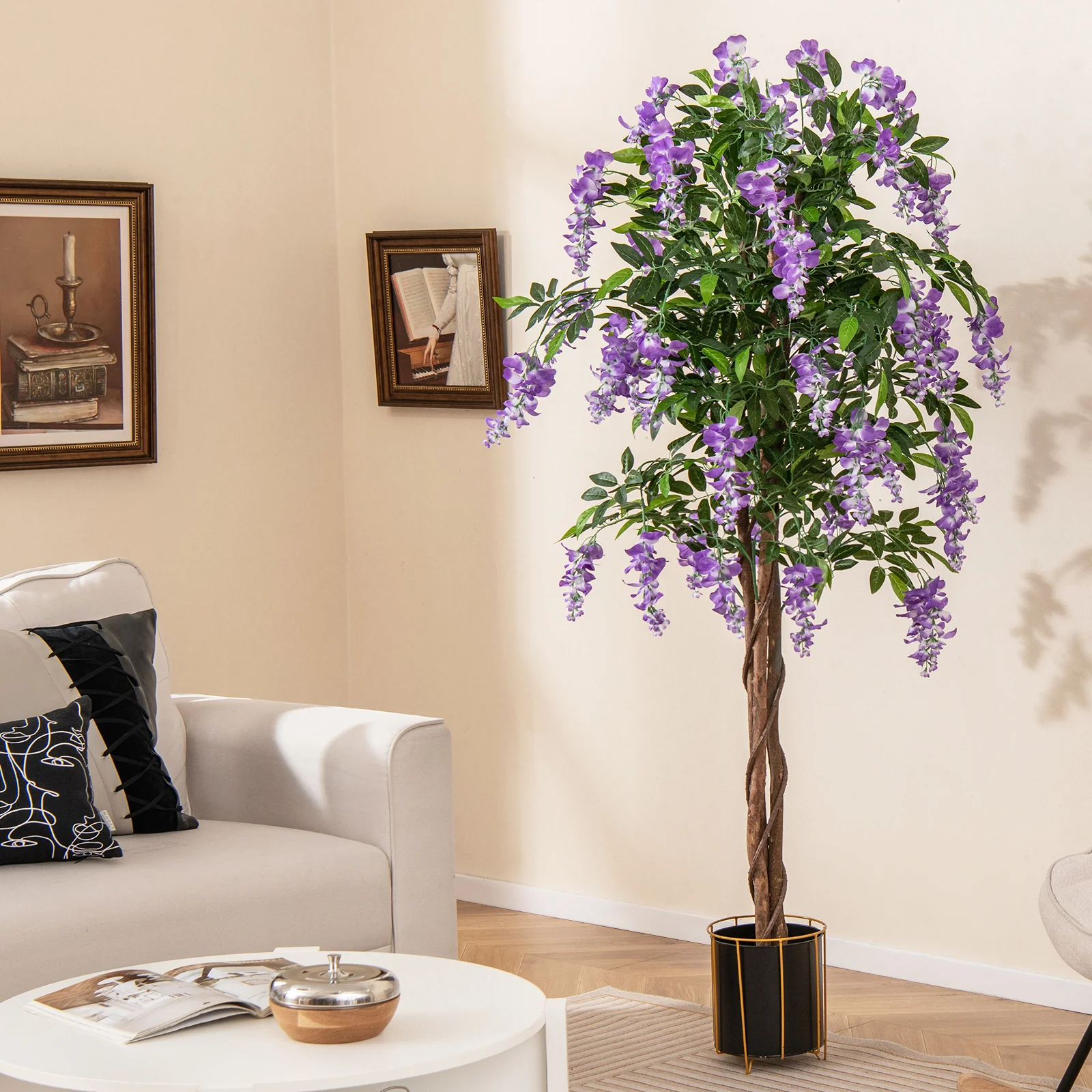 5.5 FT Faux Wisteria Plant, Blooming Flowers, Nursery Pot, Purple - Image 2