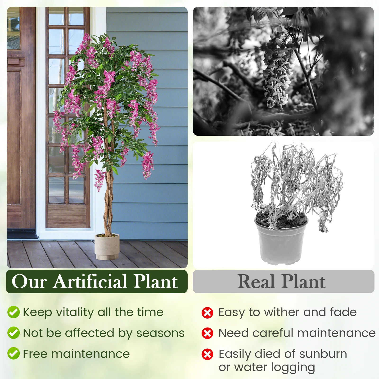 5.5 FT Faux Wisteria Plant, Nursery Pot, Blooming Flowers, Rose Red - Image 10
