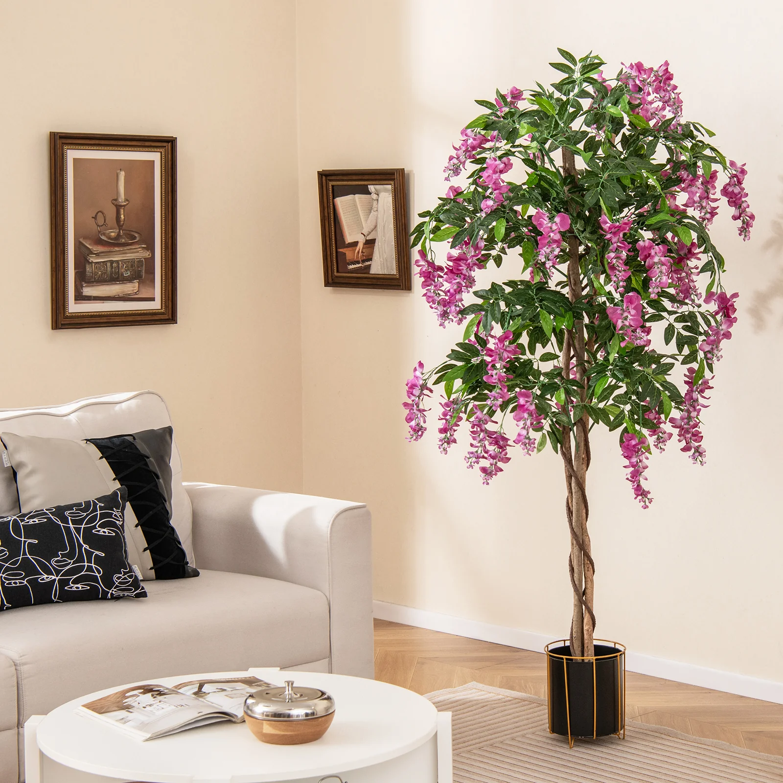 5.5 FT Faux Wisteria Plant, Nursery Pot, Blooming Flowers, Rose Red - Image 2