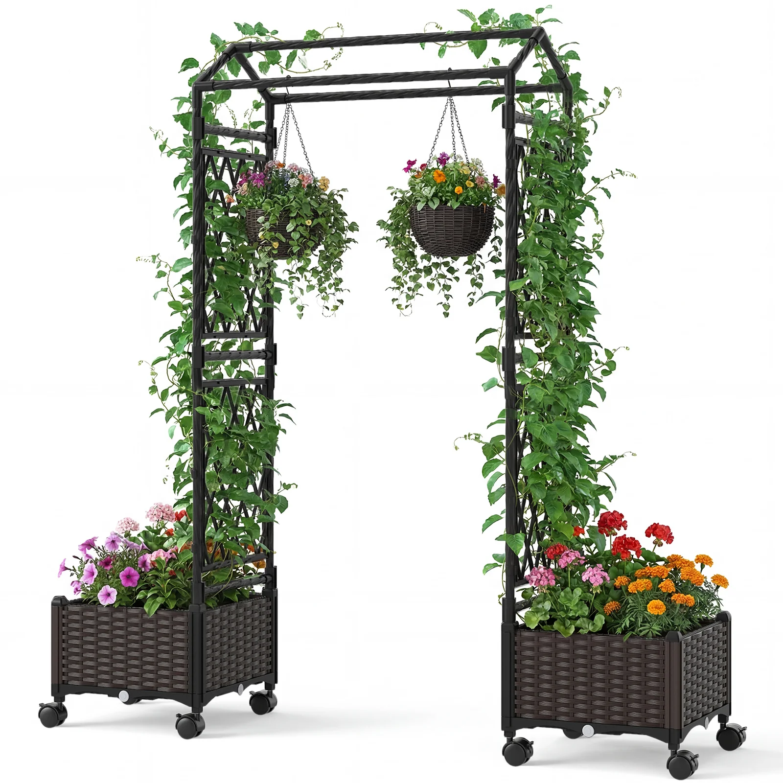 5.5 FT Self-Watering Planter Box With Lattice Trellis, Brown - Image 4