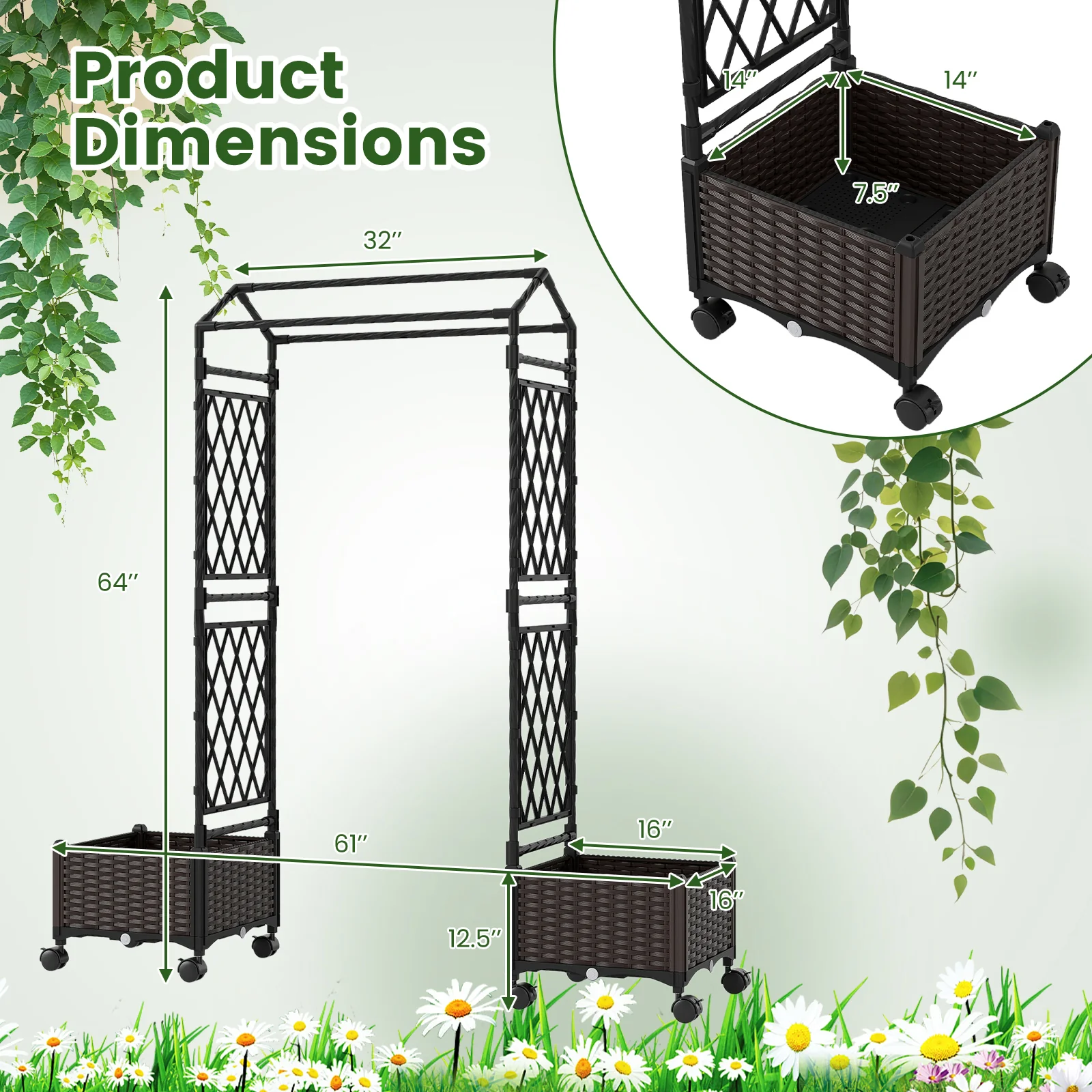 5.5 FT Self-Watering Planter Box With Lattice Trellis, Brown - Image 5
