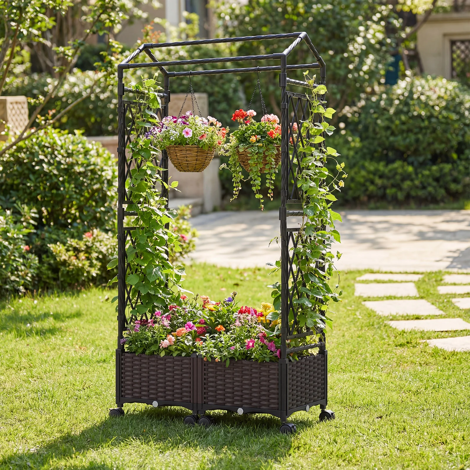 5.5 FT Self-Watering Planter Box With Lattice Trellis, Brown - Image 7