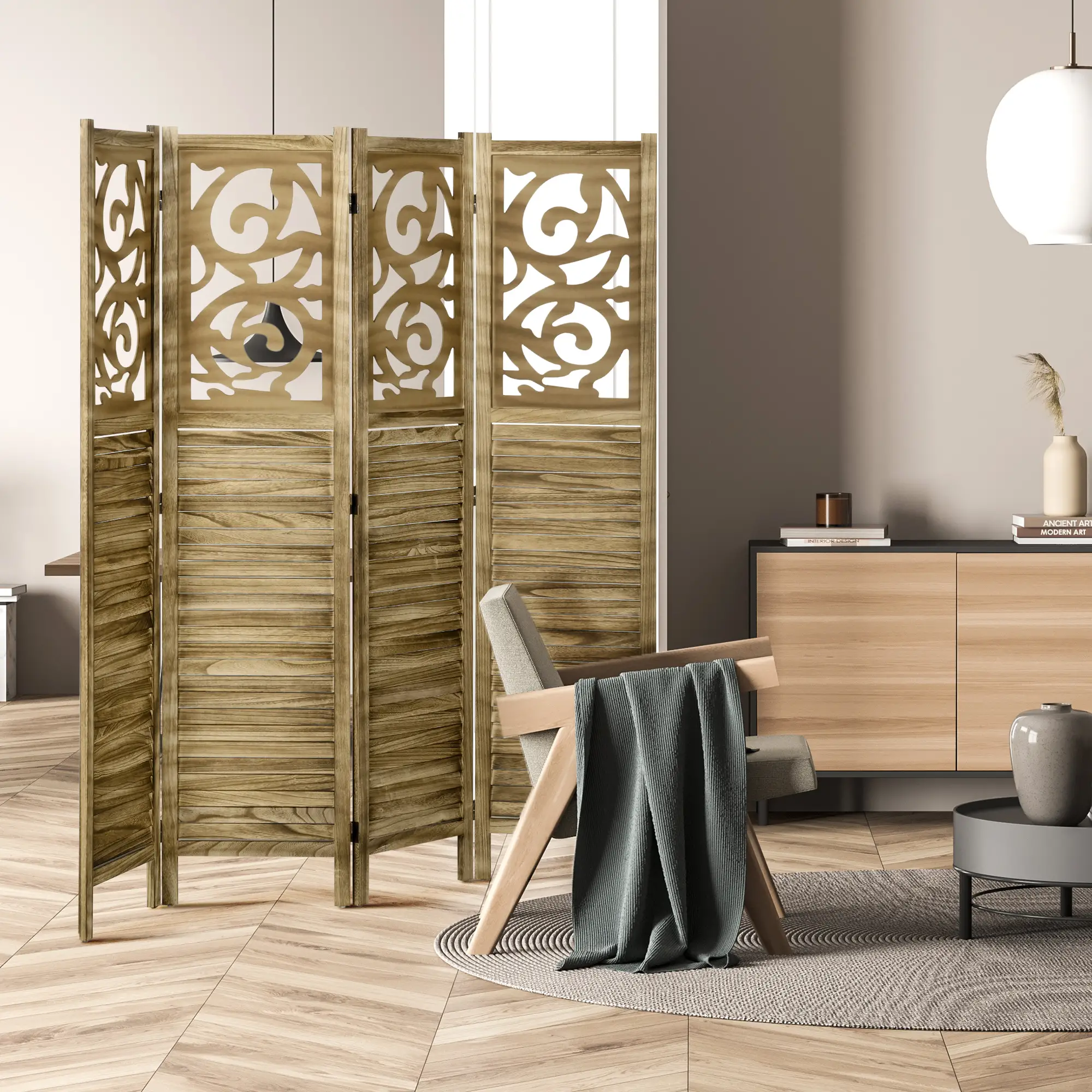 5.6 Ft Room Divider, 4 Panel Folding Privacy Screen, Brown - Image 7