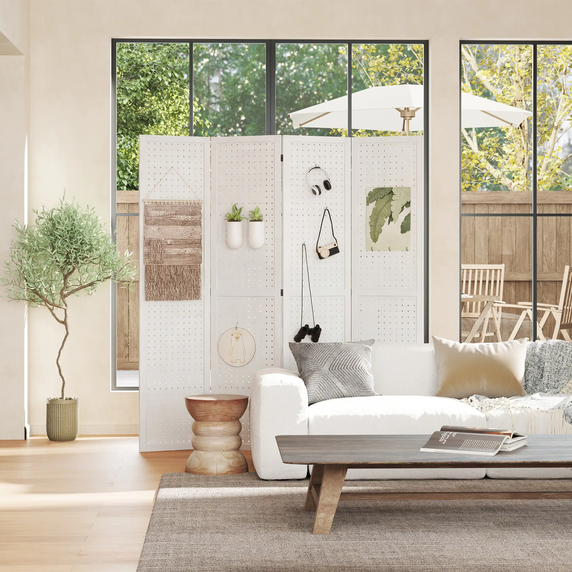 5.6 Ft. Tall 4-Panel Room Divider, Pegboard Privacy Screen, White - Image 10