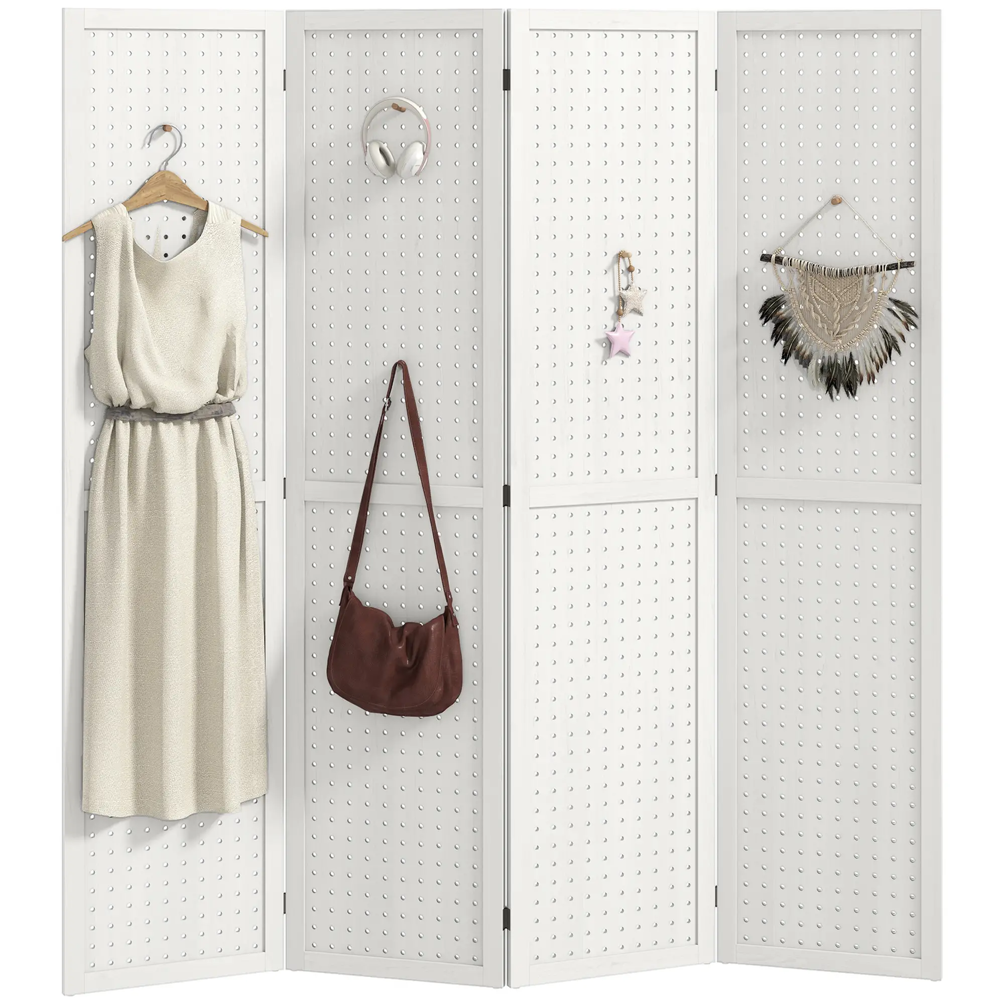 5.6 Ft. Tall 4-Panel Room Divider, Pegboard Privacy Screen, White - Image 11