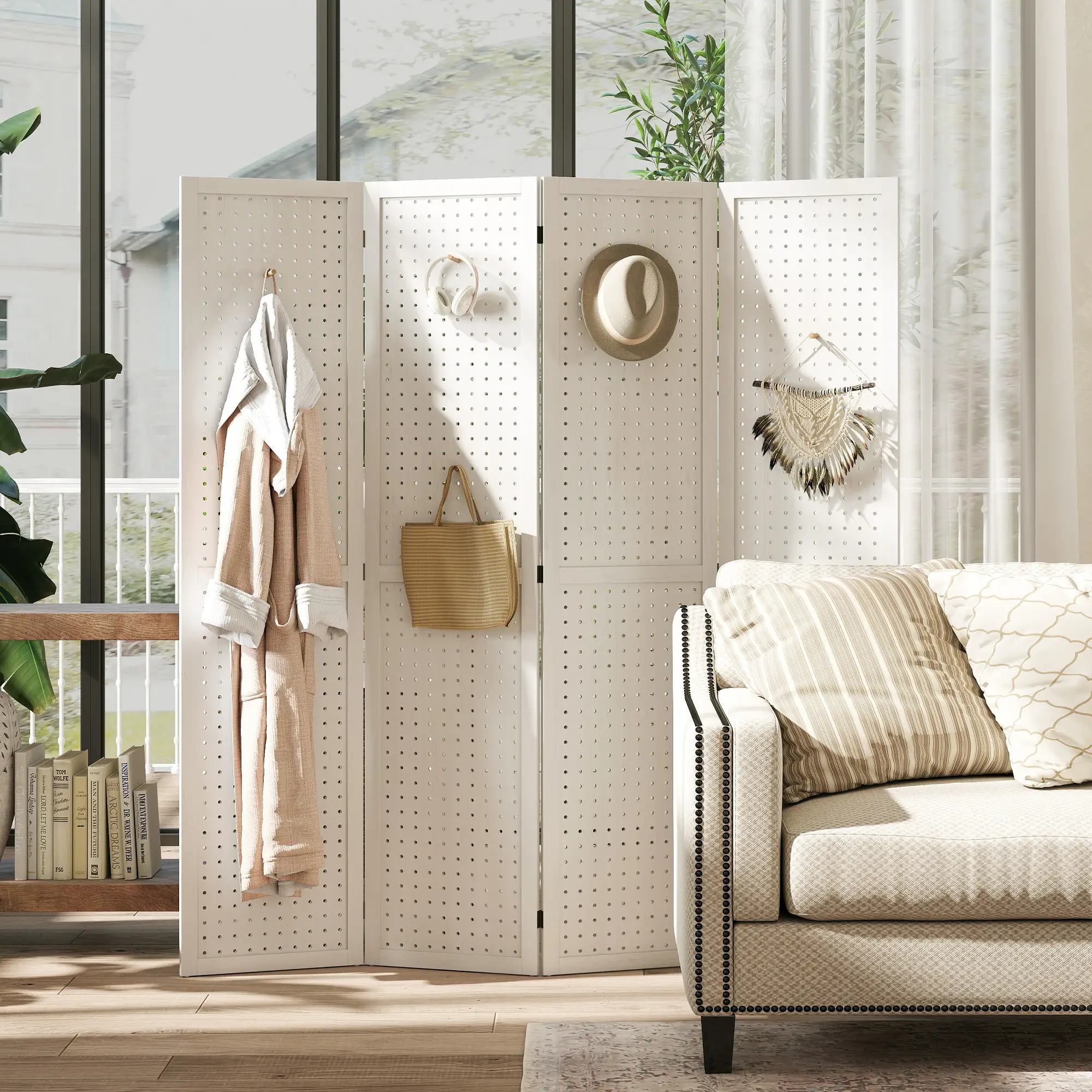 5.6 Ft. Tall 4-Panel Room Divider, Pegboard Privacy Screen, White - Image 2