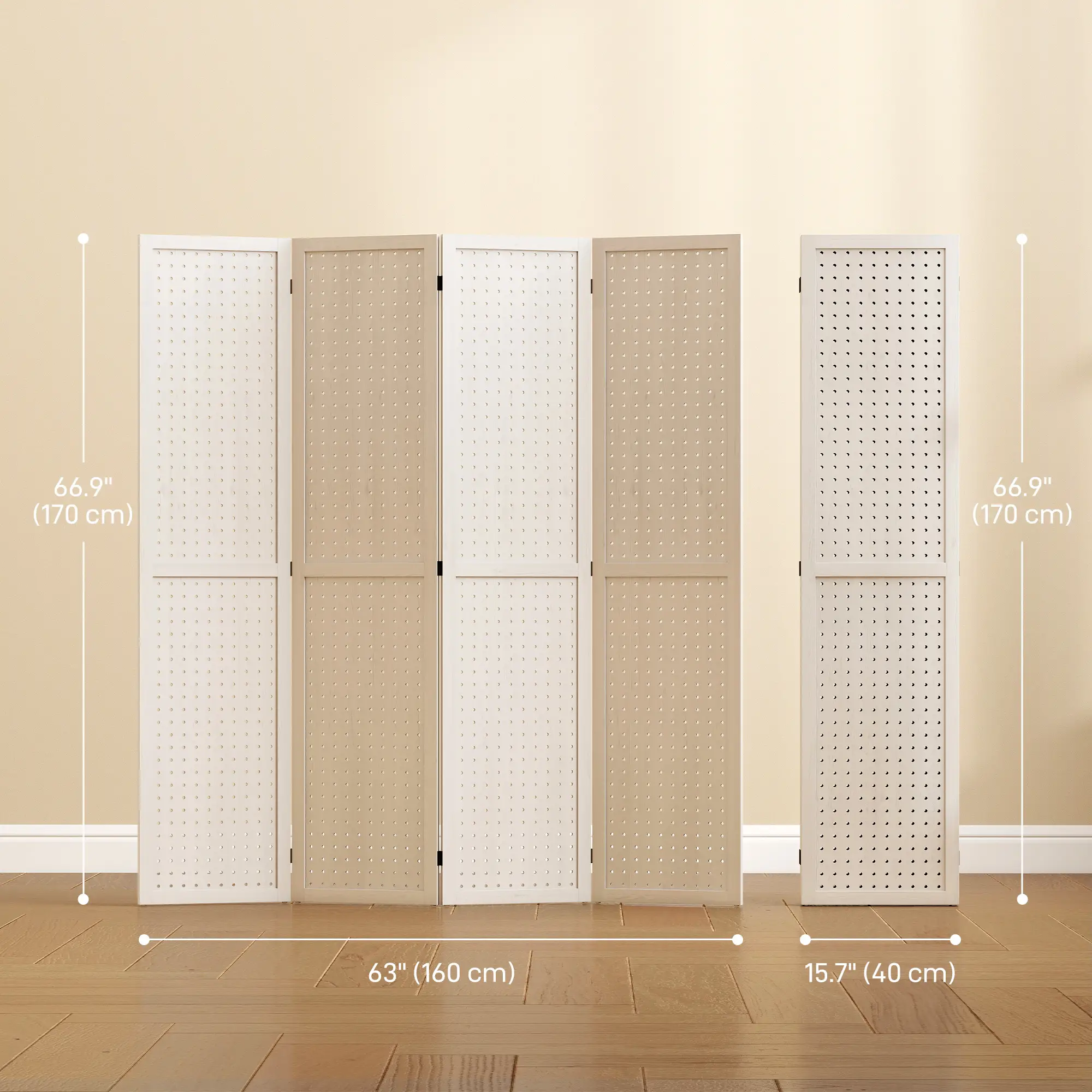 5.6 Ft. Tall 4-Panel Room Divider, Pegboard Privacy Screen, White - Image 3